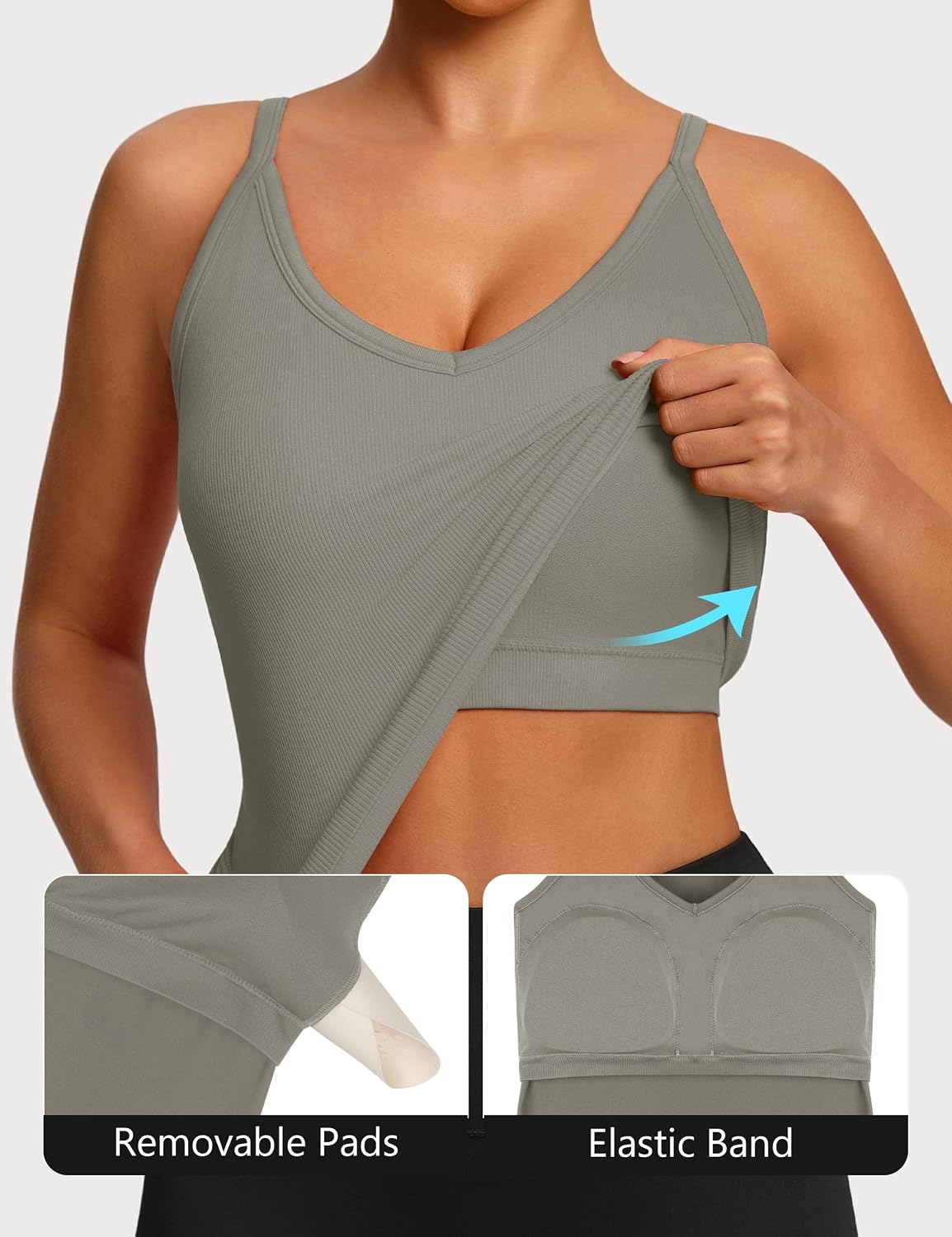 2 Pack Workout Tank Tops with Built in Bra for Women V Neck Seamless Ribbed T-Back Tank & Adjustable Strap Camisole
