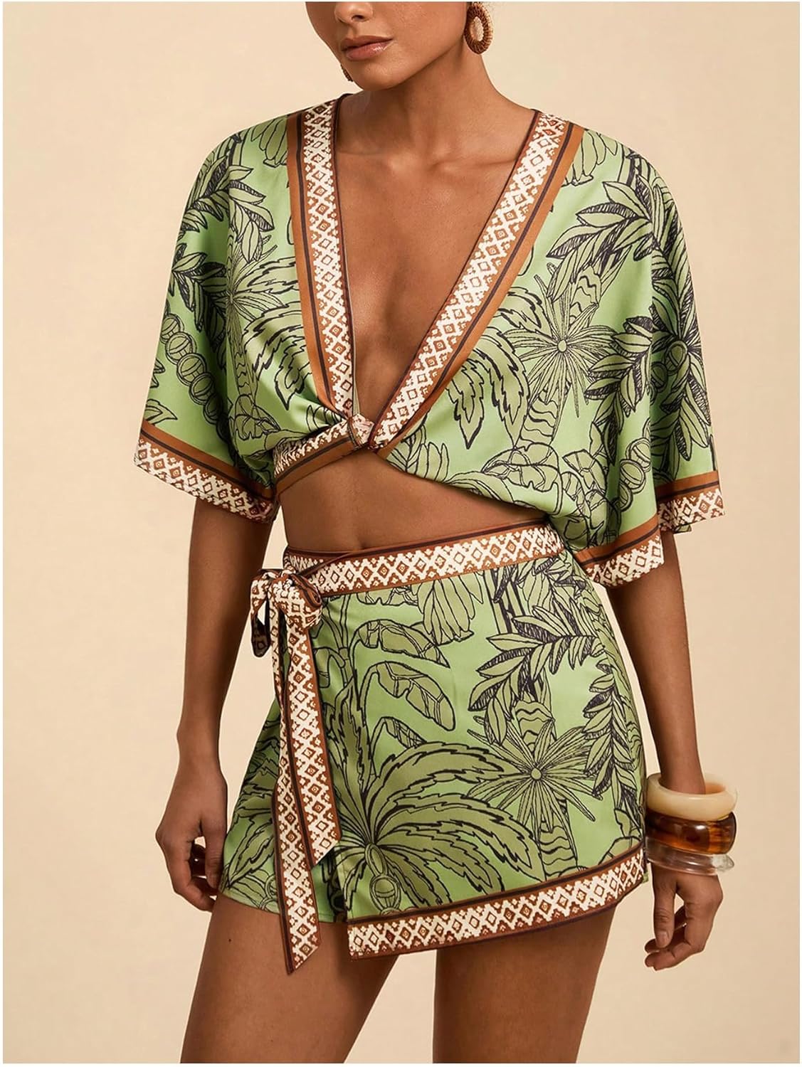 RoseSeek Women's 2 Piece Outfits Half Sleeve Crop Blouses and Wrap Skirts Set Boho Beach Vacation Clothes