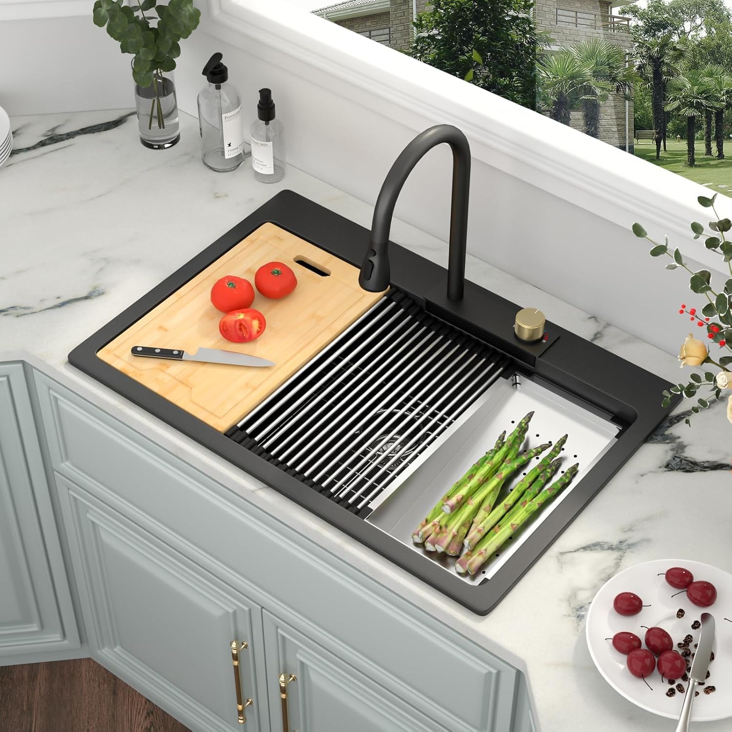 Kichae 33 Kitchen Sink Drop In Waterfall - 33"x22" Black Granite Quartz Composite Smart Single Bowl Waterfall Workstation with Pull Down Faucet Combo
