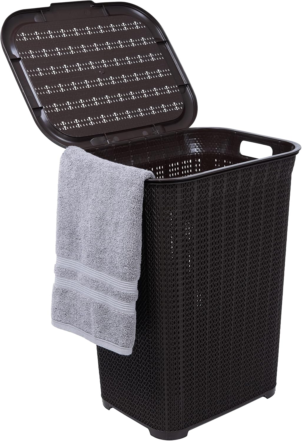 Plastic Laundry Hamper with Lid, Knit Designed Laundry Hamper Basket, 50 Liter Brown Cloths Hamper Organizer With Cut-Out Handles. Space Saving For Laundry Room Bedroom Bathroom.