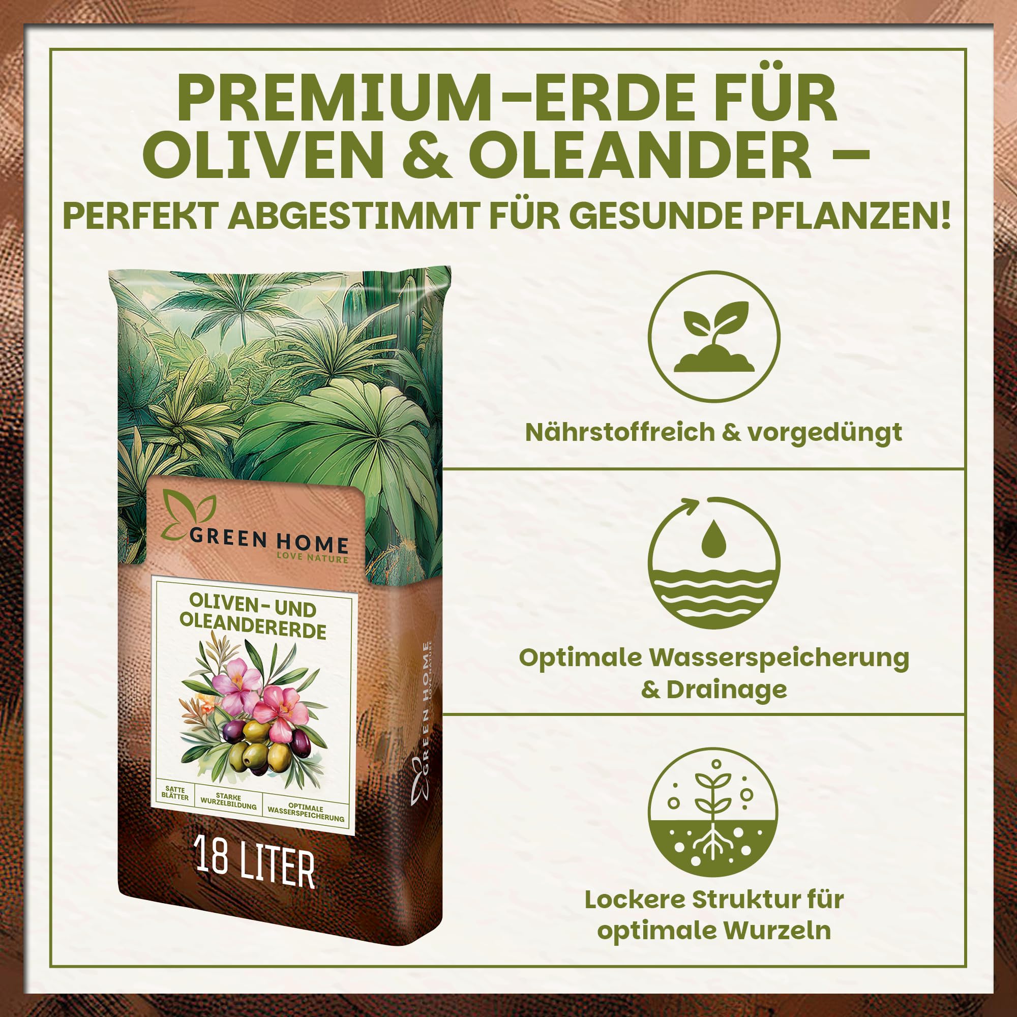 Green Home Olivenbaum- & Oleandererde 36L - Pflanzerde fr Olivenbume &  Mediterrane Pflanzen | Erde mit Langzeitdnger | Perlite, Kokosfasern &  Rindenhumus | Fr Kbel, Hochbeet & Garten, pH 5,8 : Amazon.de: Garten