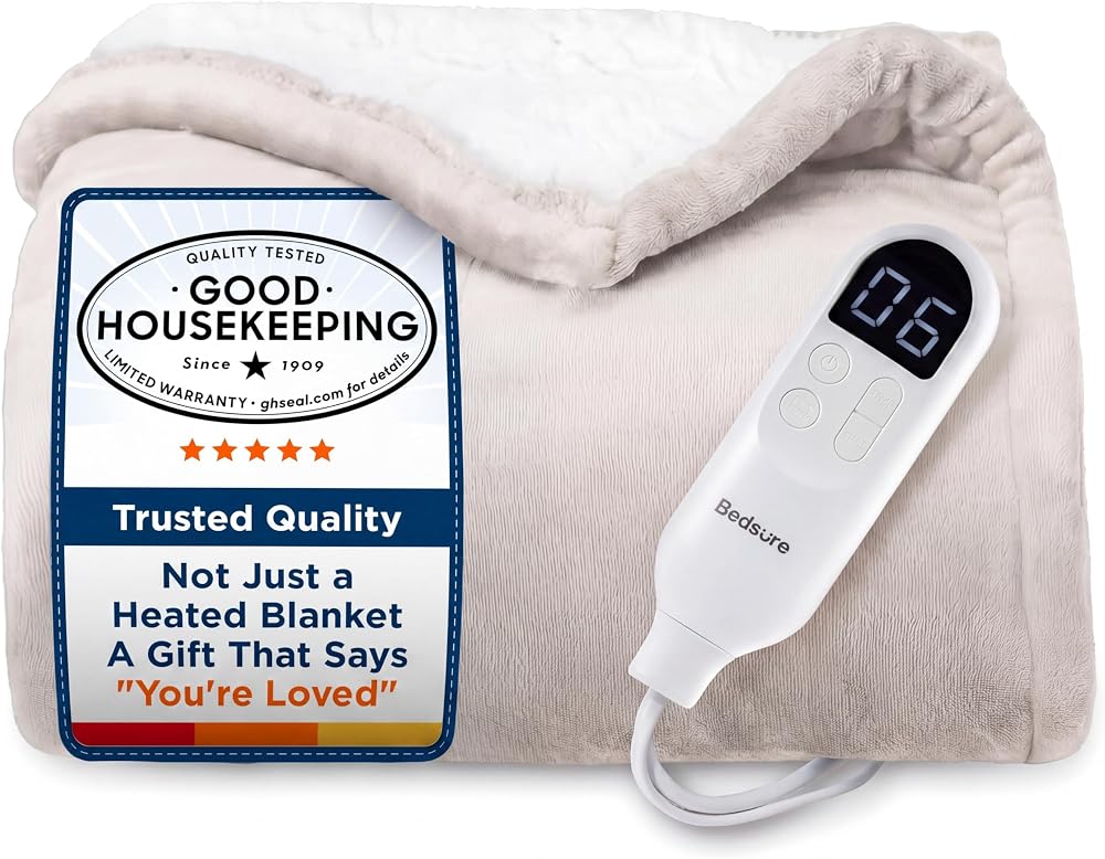 Bedsure Heated Blanket Throw, Soft Electric Blanket with Preheat, Cream