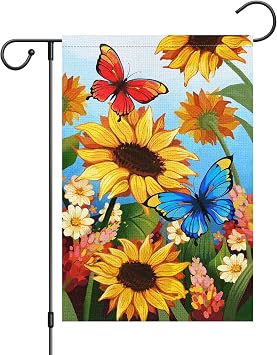Louise Maelys Welcome Summer Spring Floral Garden Flag 12x18 Double Sided, Burlap Small Vertical Sunflower Butterfly Yard for Seasonal Outside Outdoor House Decoration