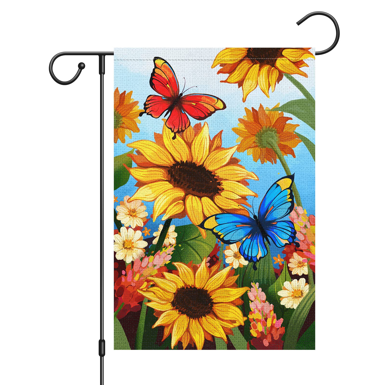 Willkommen Sommer Frühling Blumen Gartenflagge 30.5x45.7 cm, doppelseitig, Jute, kleine vertikale Sonnenblume, Gartenflaggen für saisonale Außen- und Außenbereich, Hausdekoration (nur Flagge)