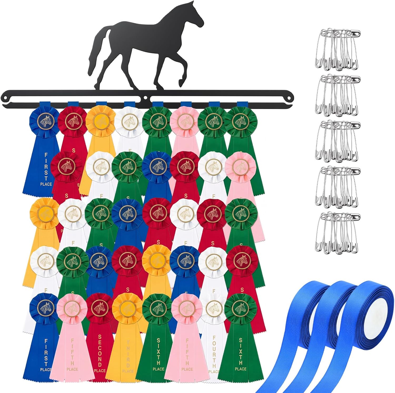 Horse Ribbon & Medal Display Hanger for Wall - Metal Equestrian Rosette Holder with Pins & Ribbons, Holds Up to 40 Awards, Award Ribbon Organizer(Black)
