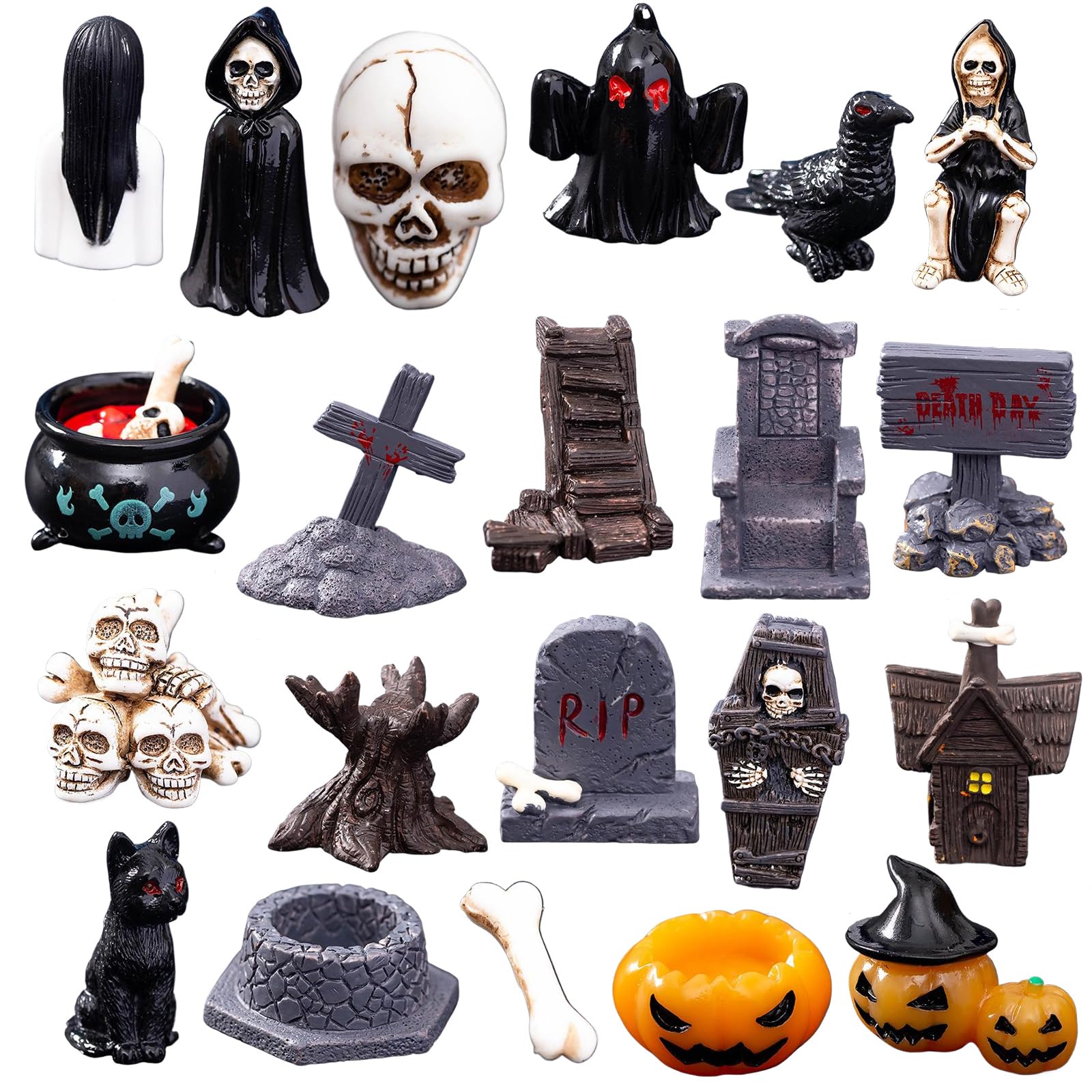 Monwssoe Halloween Decor, 21 Pcs Halloween Miniatures, Resin Mini Village Figurines, Horror Skull Heads Crow Tombstone Village Accessories for Party Favors Fillers Tabletop Decor