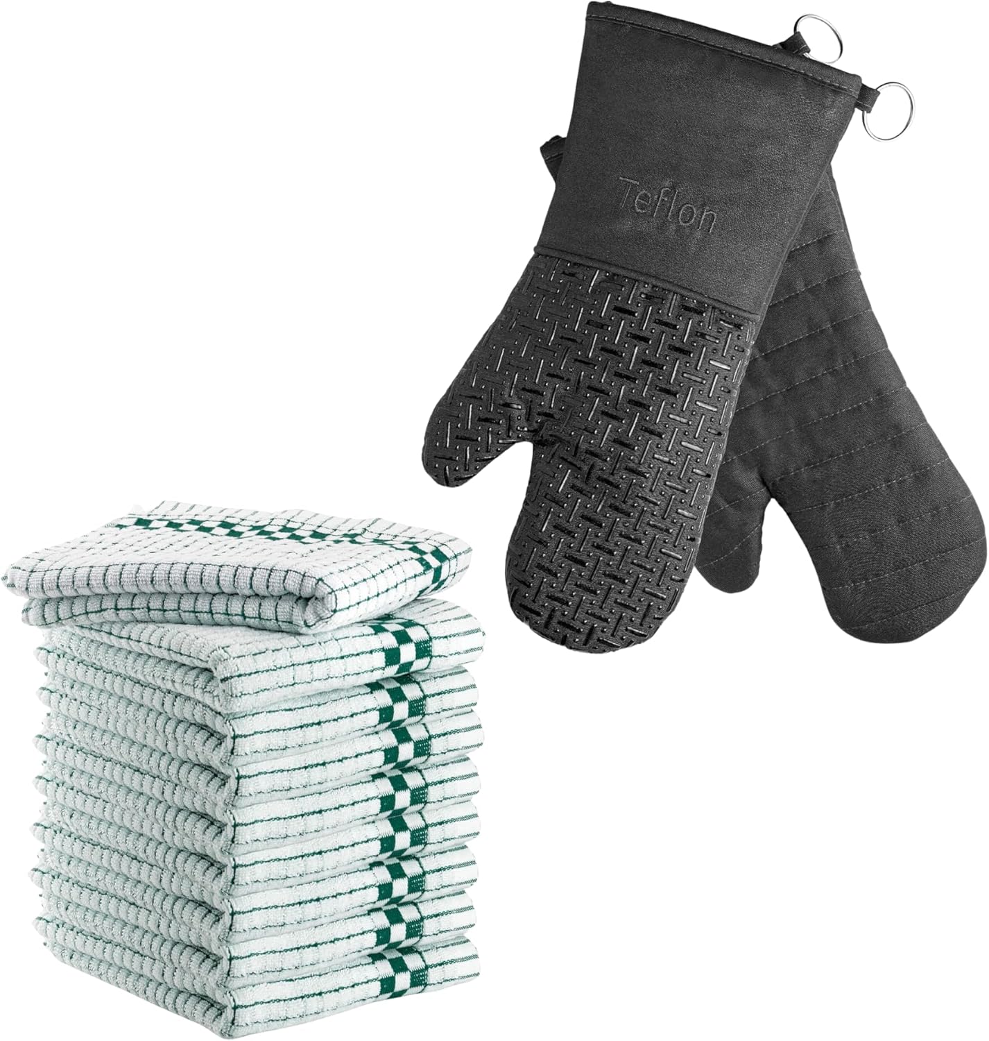 XLNT Black Extra Long Oven Mitts with Green Highly Absorbent Kitchen Dish Towels - 9 Pack | Teflon EcoElite Water Repellent | Heat Resistant for Oven Cooking, Grill & BBQ | Non Slip Gloves
