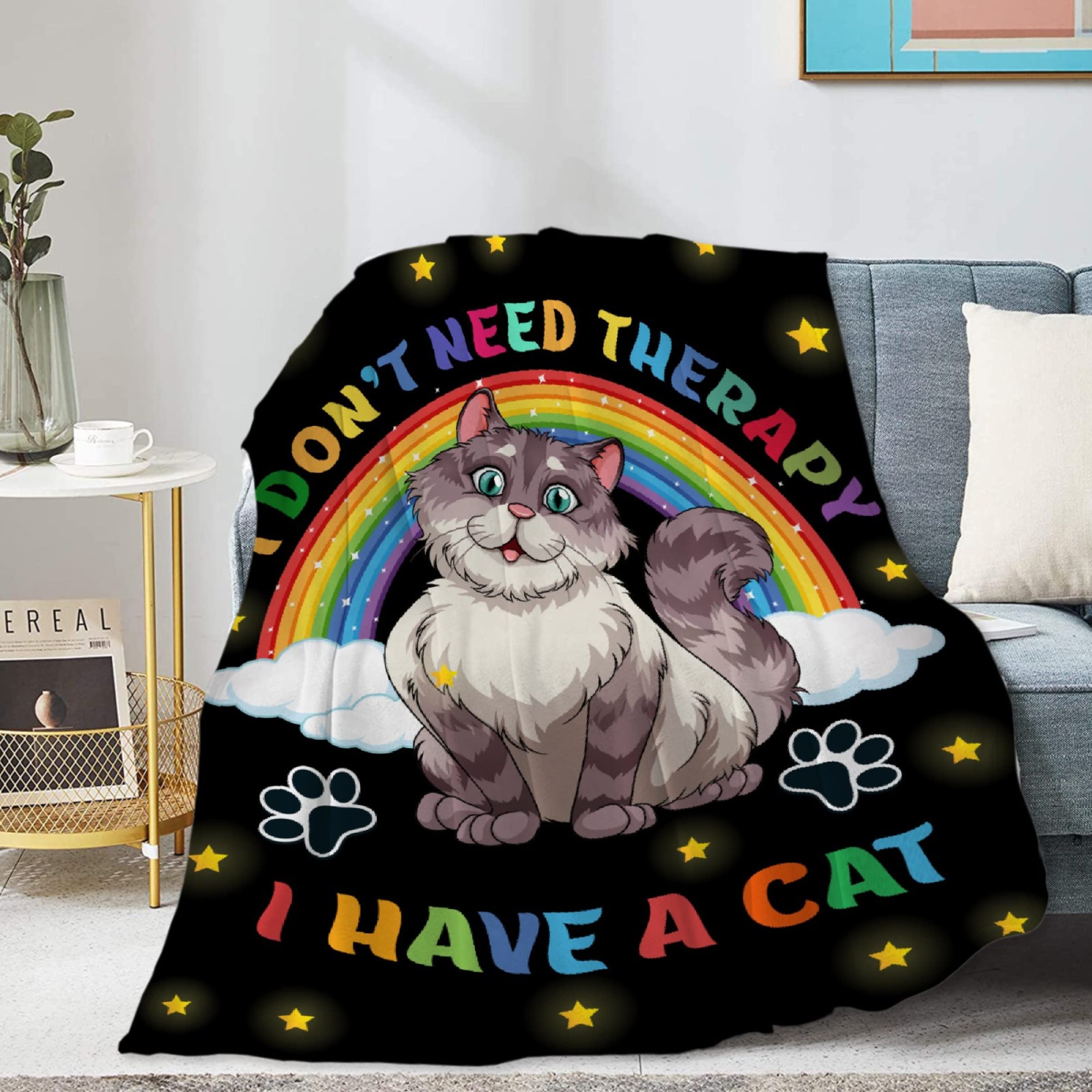 Homiehug I Don't Need Therapy I Have A Cat Soft Blanket Flannel Plush Gifts Cozy Fuzzy Cute Animal Throws for Nap Bedding Sheet Couch Decor Tapestries Non-Shedding 50