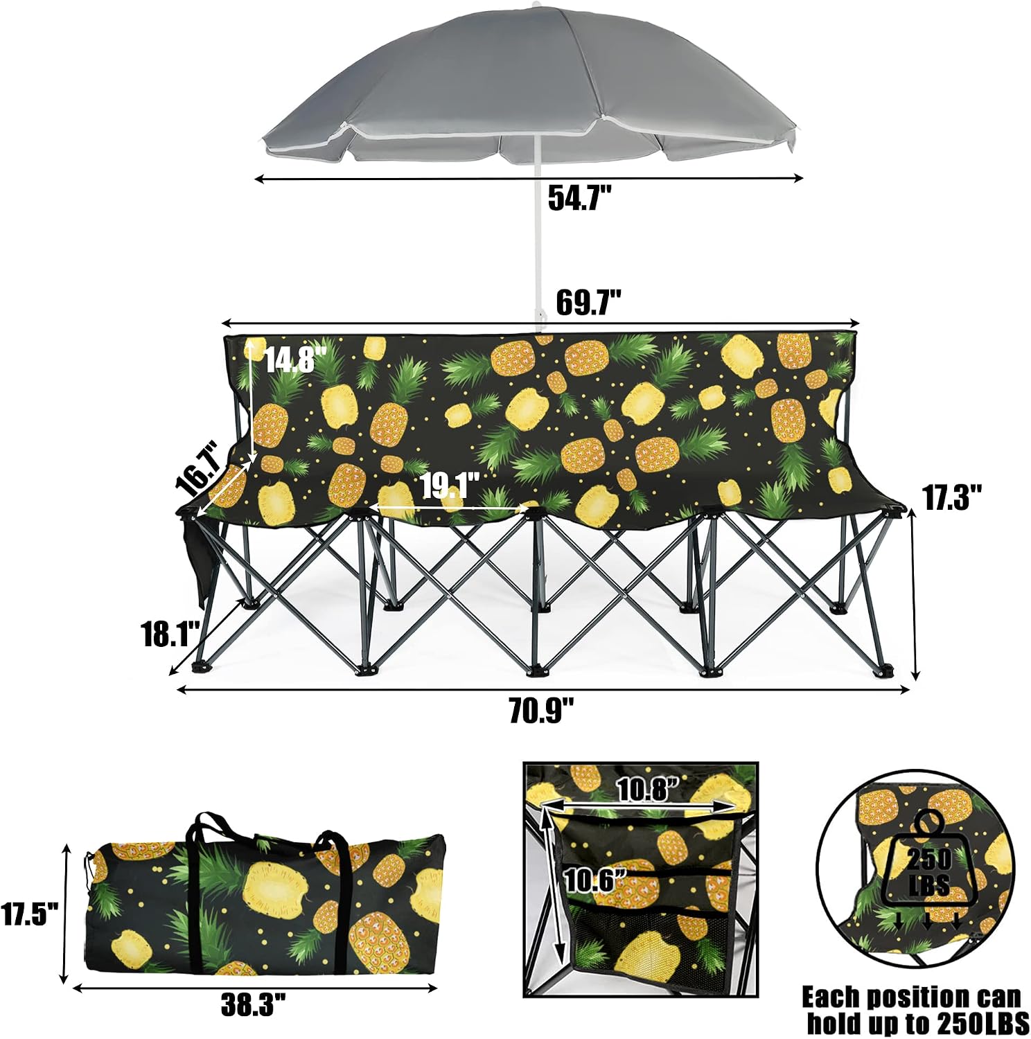 LAZZO Double Folding Camping Chairs, Portable Picnic Camping Chairs w/Umbrella Mini Beverage Holder Carrying Cooler Bag, Outdoor Picnic Double Folding loveseat Camp Chairs for Beach Patio Pool Park
