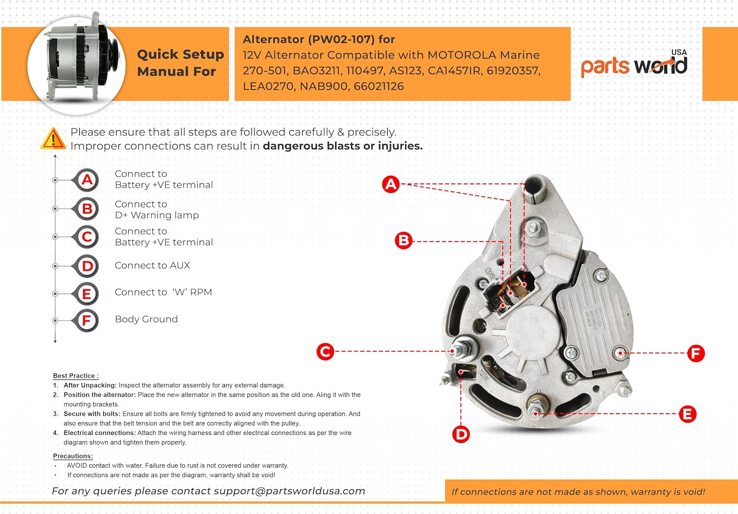 PowerForge™ 12V 70A Alternator Fits Motorola Marine Applications | Replaces 270-501, BAO3211, 110497, AS123, CA1457IR, 61920357, LEA0270, NAB900, 66021126 | 1 Year Warranty