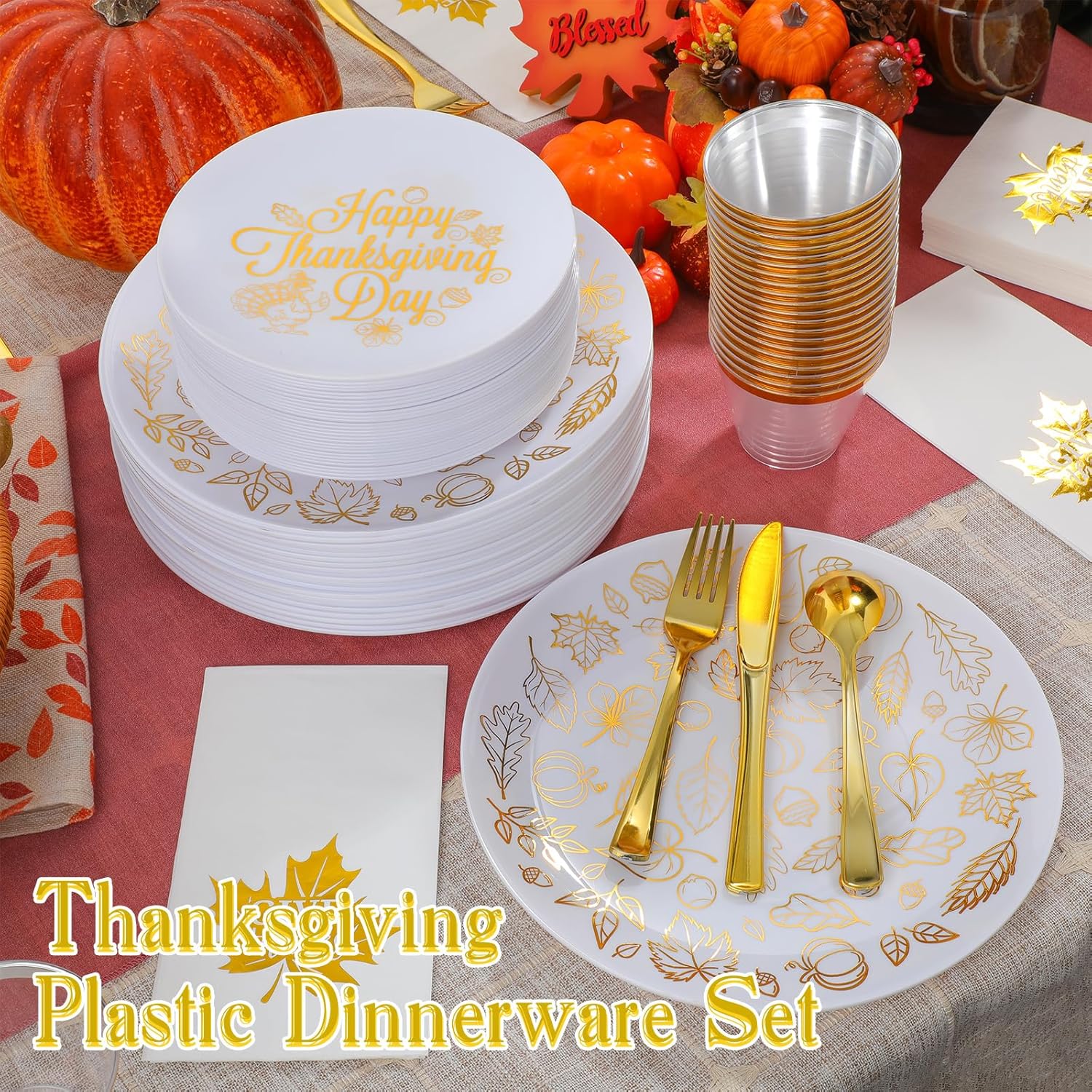 Shellwei 280 Pcs Plastic Dinnerware Set, Disposable Plates Includes 40 Dinner Plates 40 Cups 40 Dessert Plate 40 Papers Napkins 40 Forks Knives Spoons for Party(Thanksgiving)