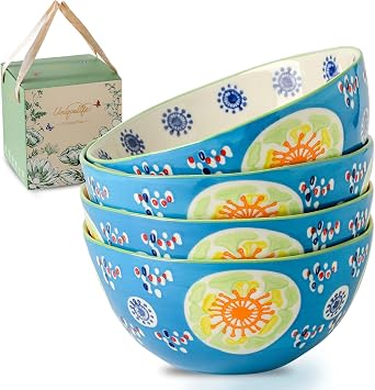 Hand-Painted 6 Inch Ceramic Bowls Set of 4, 17/24 Oz Soup & Cereal Bowls, Hand-Pinched Irregular Organic Shape, Microwave Dishwasher Oven Safe up to 480F, Lead-Free Stoneware, Giftable - Ocean Blue