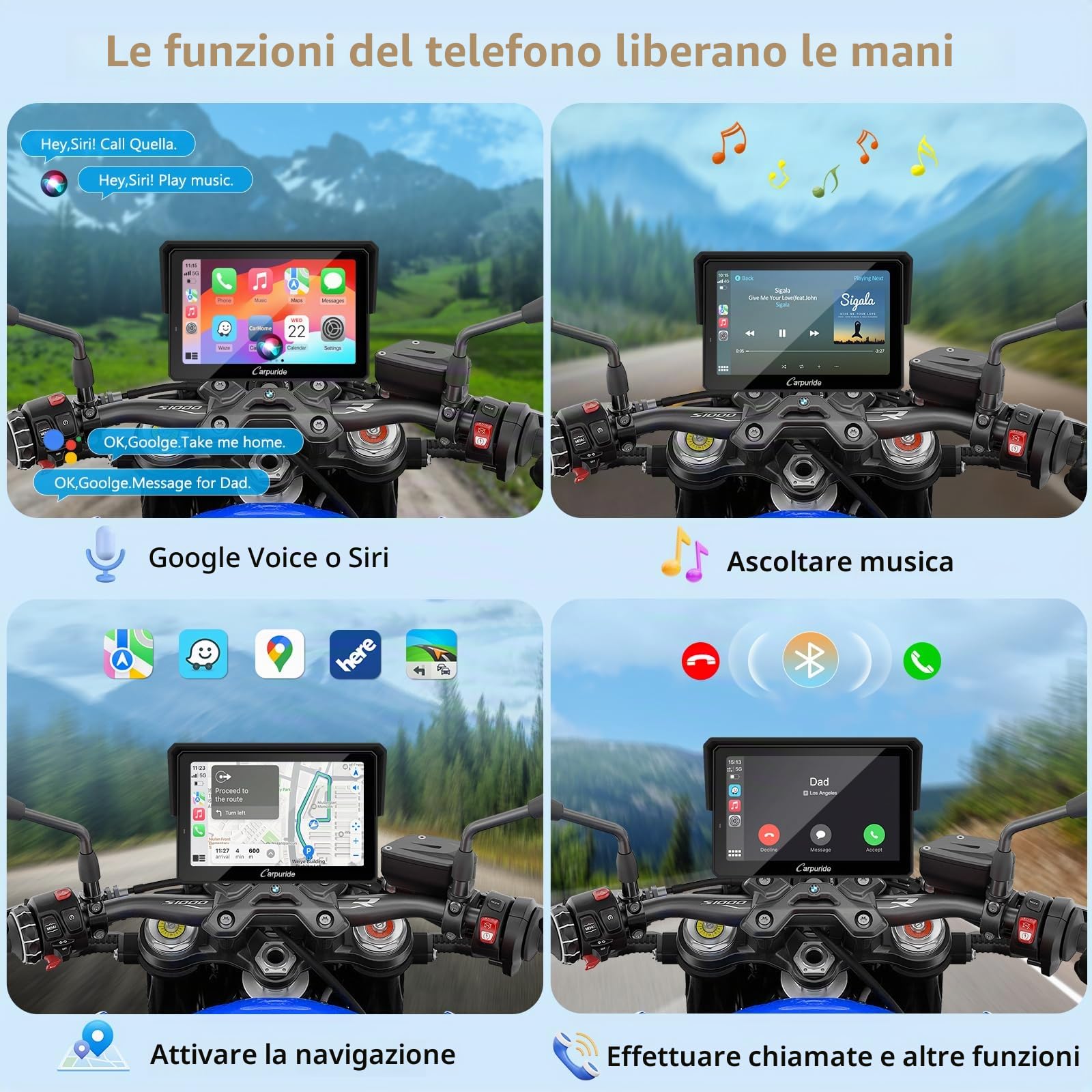 CARPURIDE W502BS Pro per Moto BMW CarPlay e Android Auto, Doppio Bluetooth, Schermo di Navigazione Impermeabile da 5 Pollici, Lettura dati, Native Wonder, TPMS, Sensore di luce, Condivisione di Musica