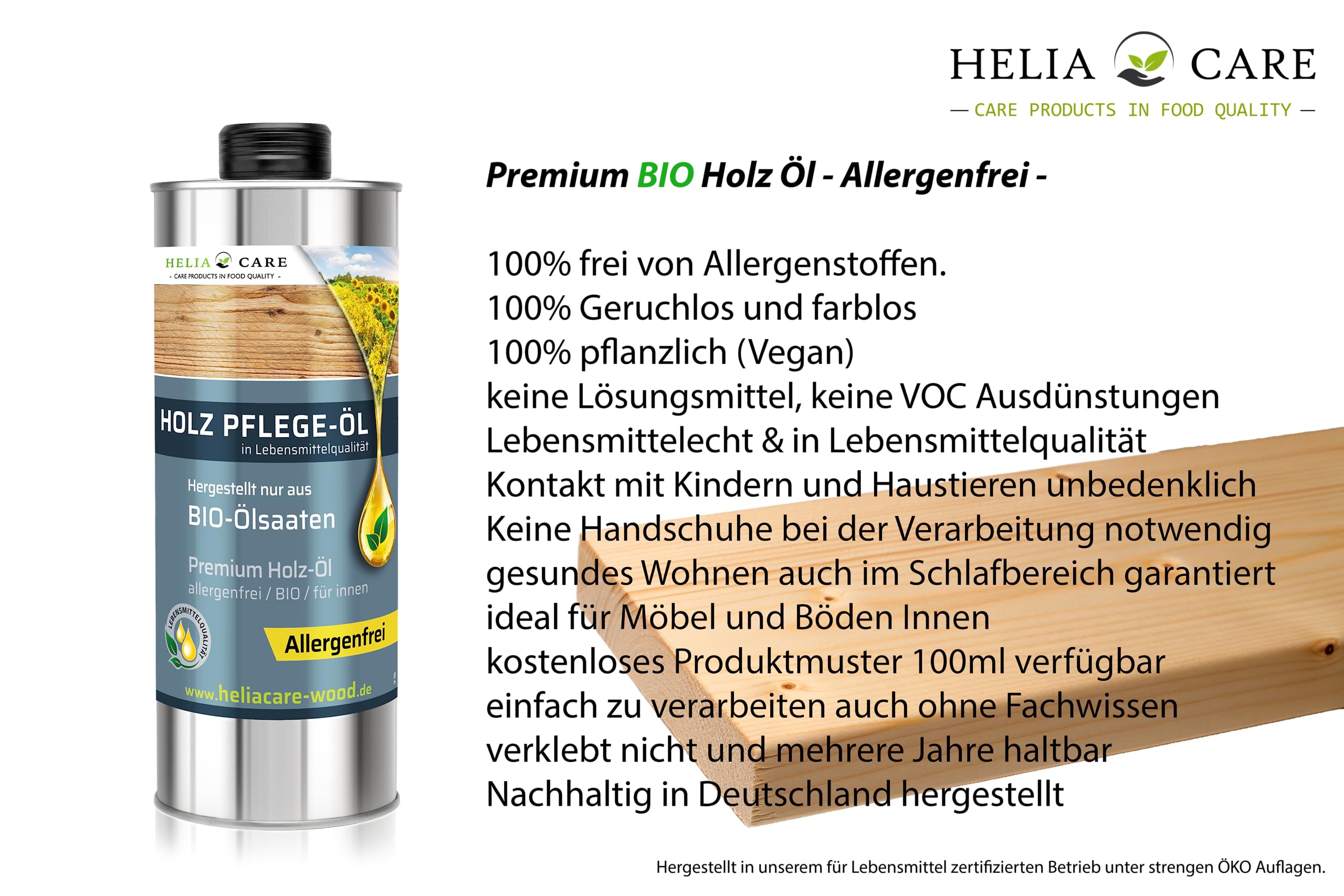 BIO Holz-Öl "Allergenfrei" Holzöl für Allergiker - Geruchlos und hergestellt aus Rohstoffen in Lebensmittelqualität - für Böden, Möbel im Innenraum - Pflegeöl aus Deutschland (0,75L)