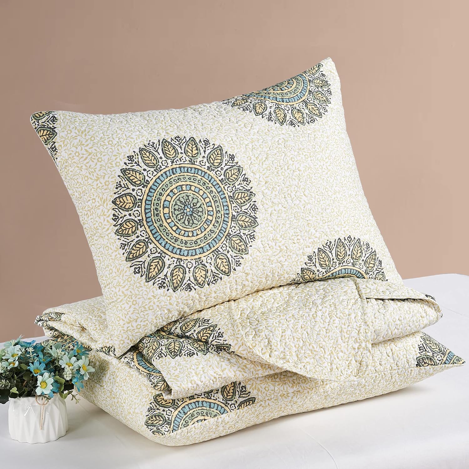 HESTIN Daybed Cover Set with Bedskirt and Shams - 6 Piece Double Sided Quilting All Season Easy Care, 75x39 Inch, Beige with Blue-Green Floral Patterns