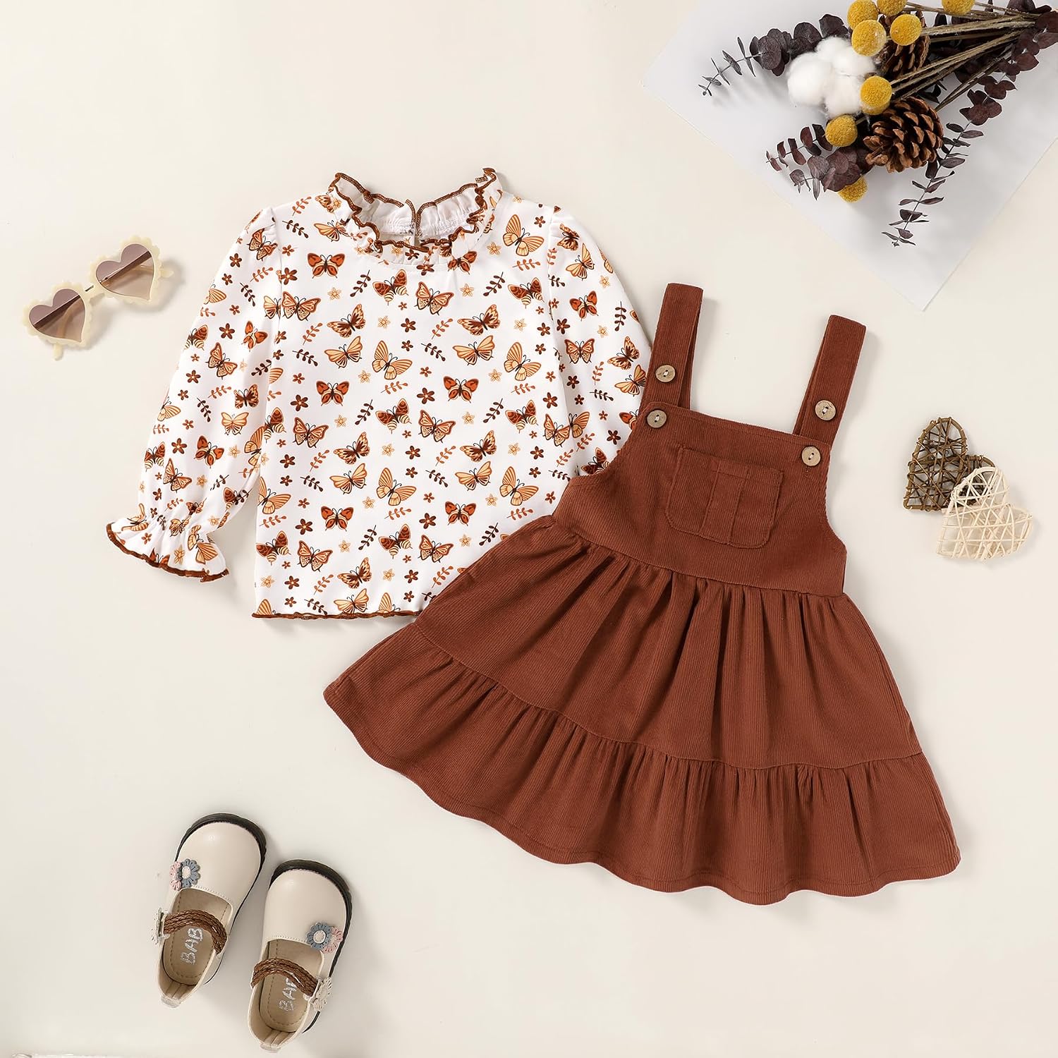 Happy Town Toddler Girl Clothes Long Sleeve Fall Outfits Ruffle Ribbed Floral Tops Overall Dress Set with Pocket