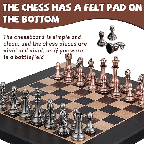 Miniatura 4 de Juego de ajedrez de metal grande de 15 pulgadas para adultos y niños con piezas de ajedrez de metal, tablero de madera plegable con almacenamiento,