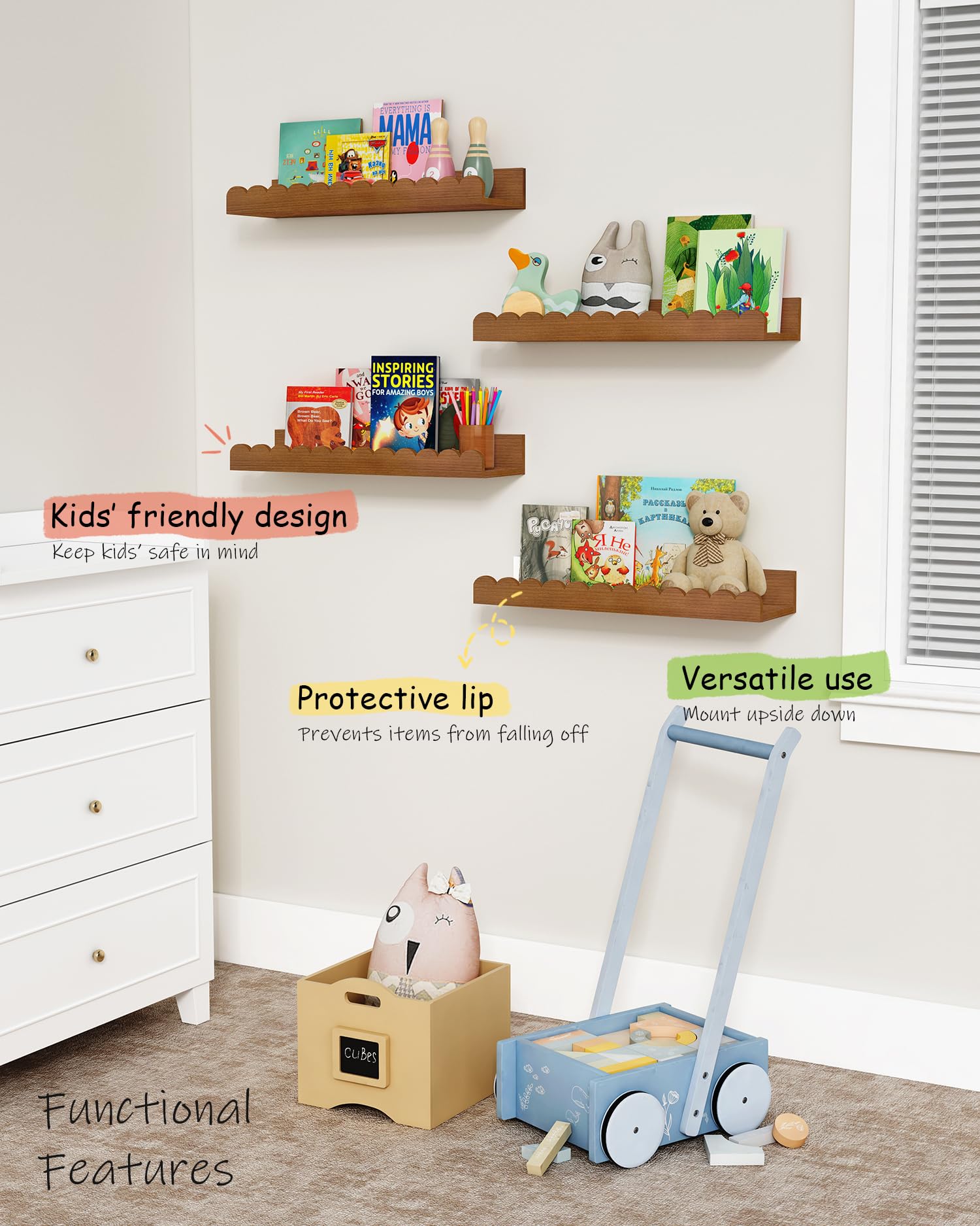 Harwaya Walnut Nursery Book Shelves Wall Set of 4, Dark Wood