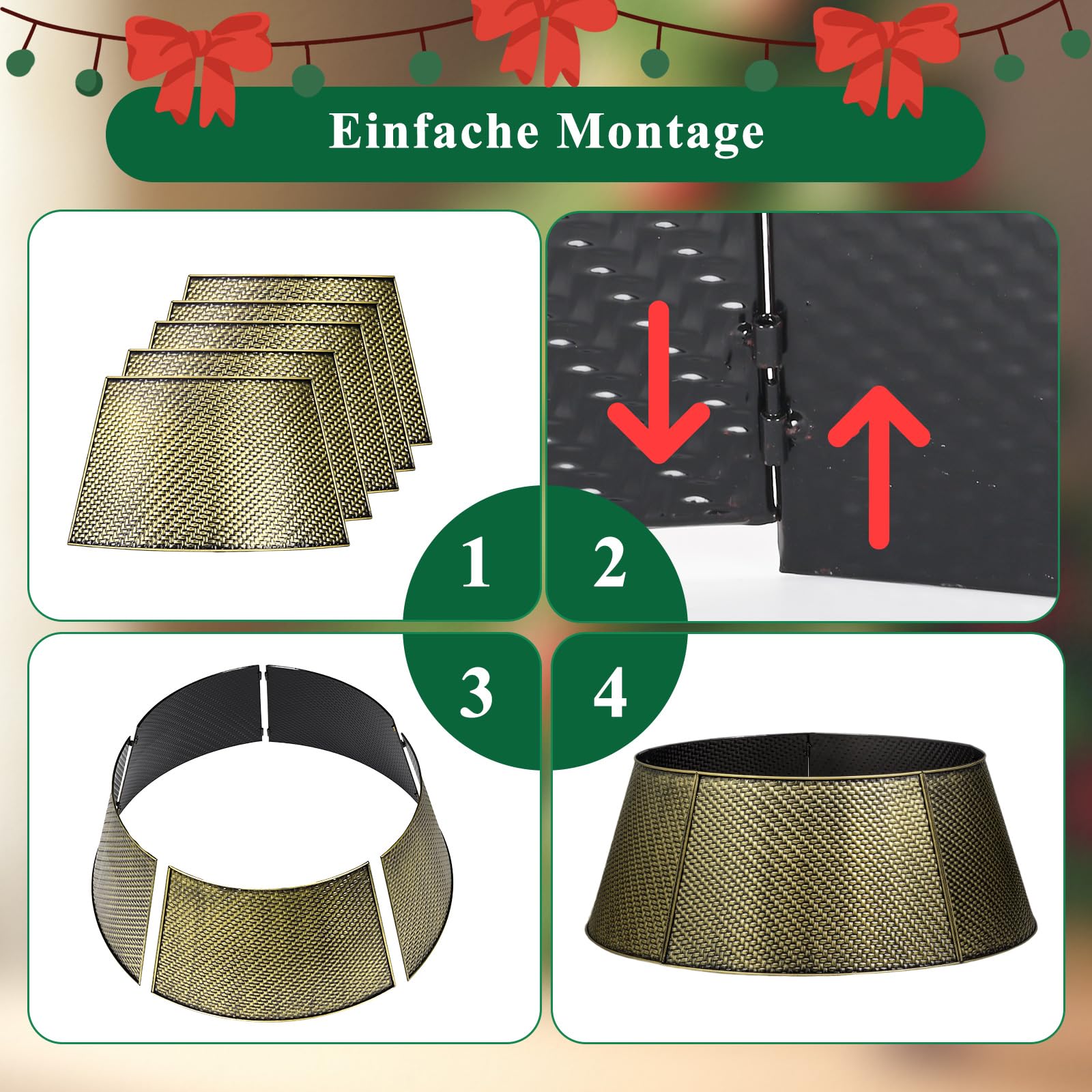 Lanpn Metall Weihnachtsbaum Kragen 70cm, Weihnachtsbaum Halsband Christmas Tree Collar Für Mittelgröße M Wetterfest Für Kunstbäume Innen Außen - Weihnachtsdekoration (Gold, Köperbindung)