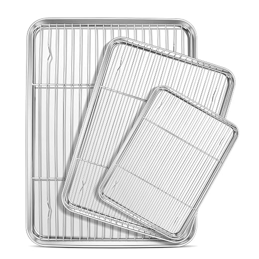 E-far Baking Sheet with Cooling Rack Set (3 Pans + 3 Racks), 16/12.5/9.3 Inch Stainless Steel Cookie Sheets Baking Pans and Wire Rack for Oven, Non Toxic & Easy Clean