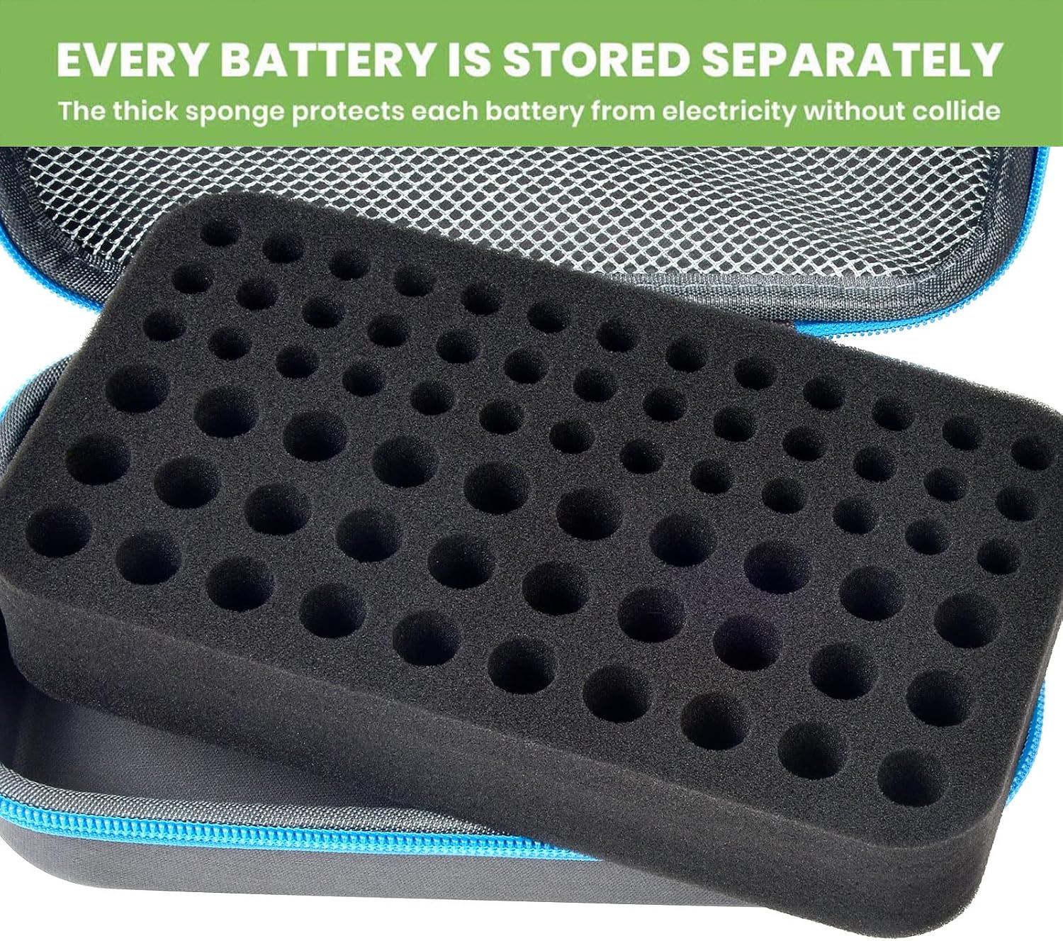 ALKOO Battery Organizer Case for AA AAA Batteries, Storage Holder Box with Mesh Pocket for C, 9V, 3V Lithium Cells - Portable Compact Container for Home, Drawer, Office & Travel, Case Only, Blue