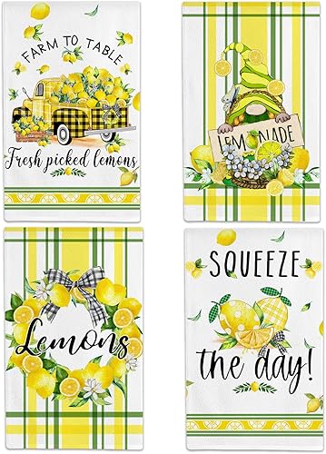 Hexagram Juego de 4 toallas de cocina limón, toallas de cocina y toallas de mano para cocina, primavera, verano, gnomos de limón, casa de campo,