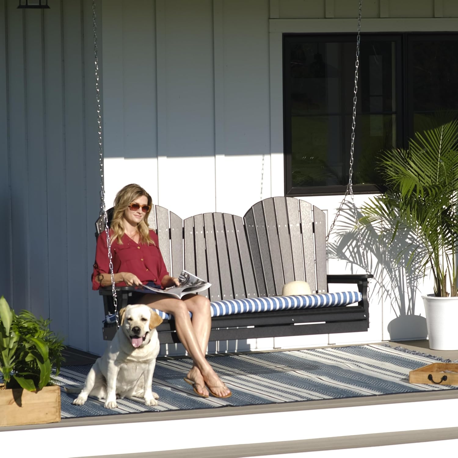 LuxCraft 5' Adirondack Hanging Front Porch Swing with Flip Down Console, Seats Up to 3, Outdoor Patio Swing Bench for Outside (Brazilian Walnut & Black)