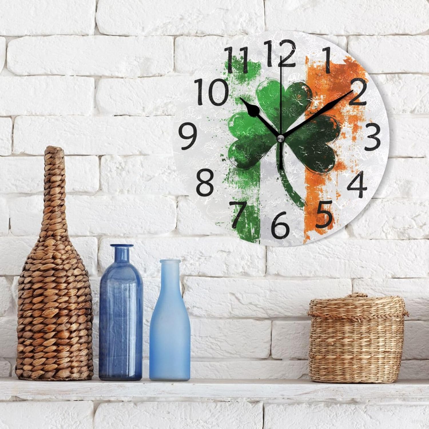 Green Shamrocks Irish Flag Silent Wall Clocks Battery Operated for Living Room 9.8 inch, Non-Ticking Decorative Clock for Bedroom Wall Décor Setup, Home, Office, School, Dorm Room