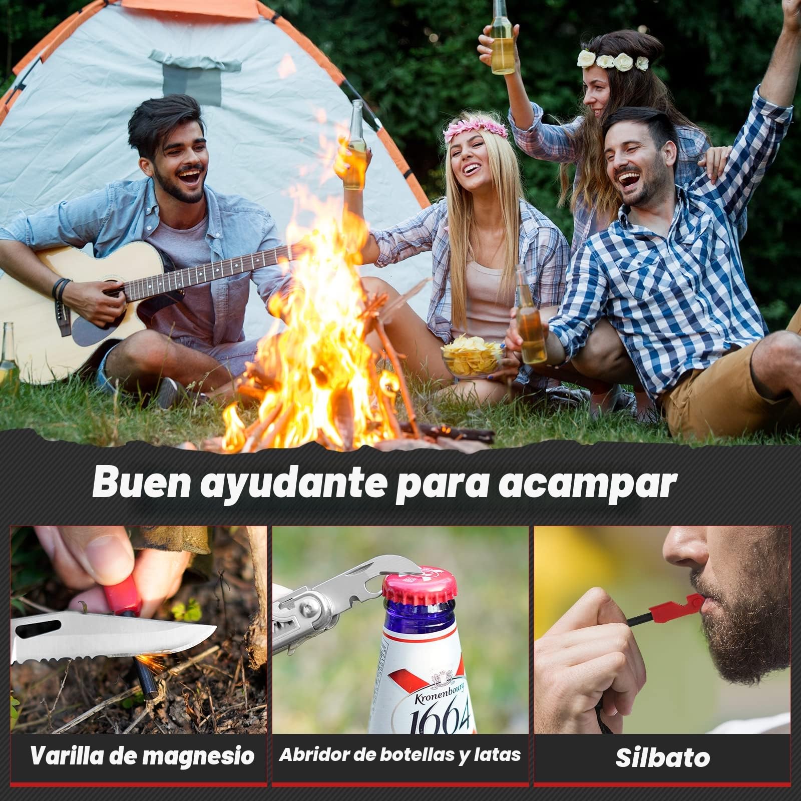 BIBURY Multiherramienta de Alicates, Navaja Multiusos de Acero Inoxidable con Pedernal Rompeventanas Tijeras, Portátiles Alicates Plegables para la Supervivencia en el Exterior, Camping, Reparación