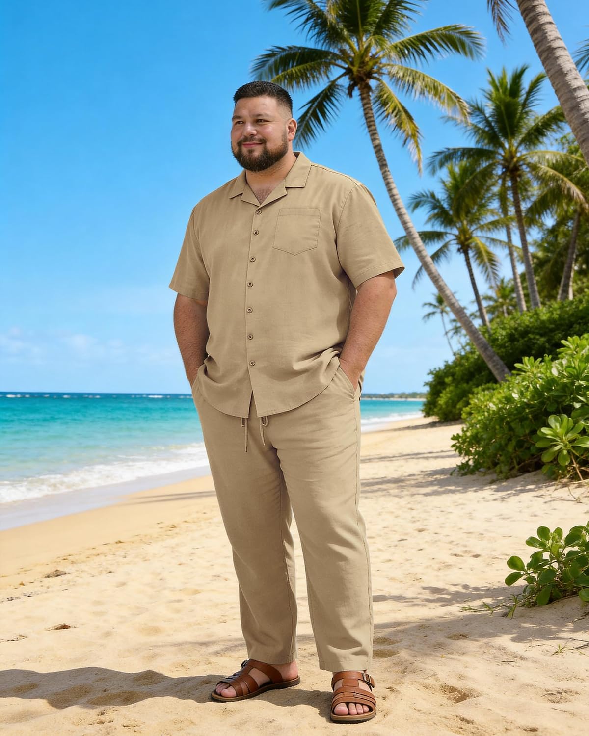Big and Tall Mens 2 Piece Faux Linen Outfits Short Sleeve Button Shirt and Loose Pants Vacation Beach Sets