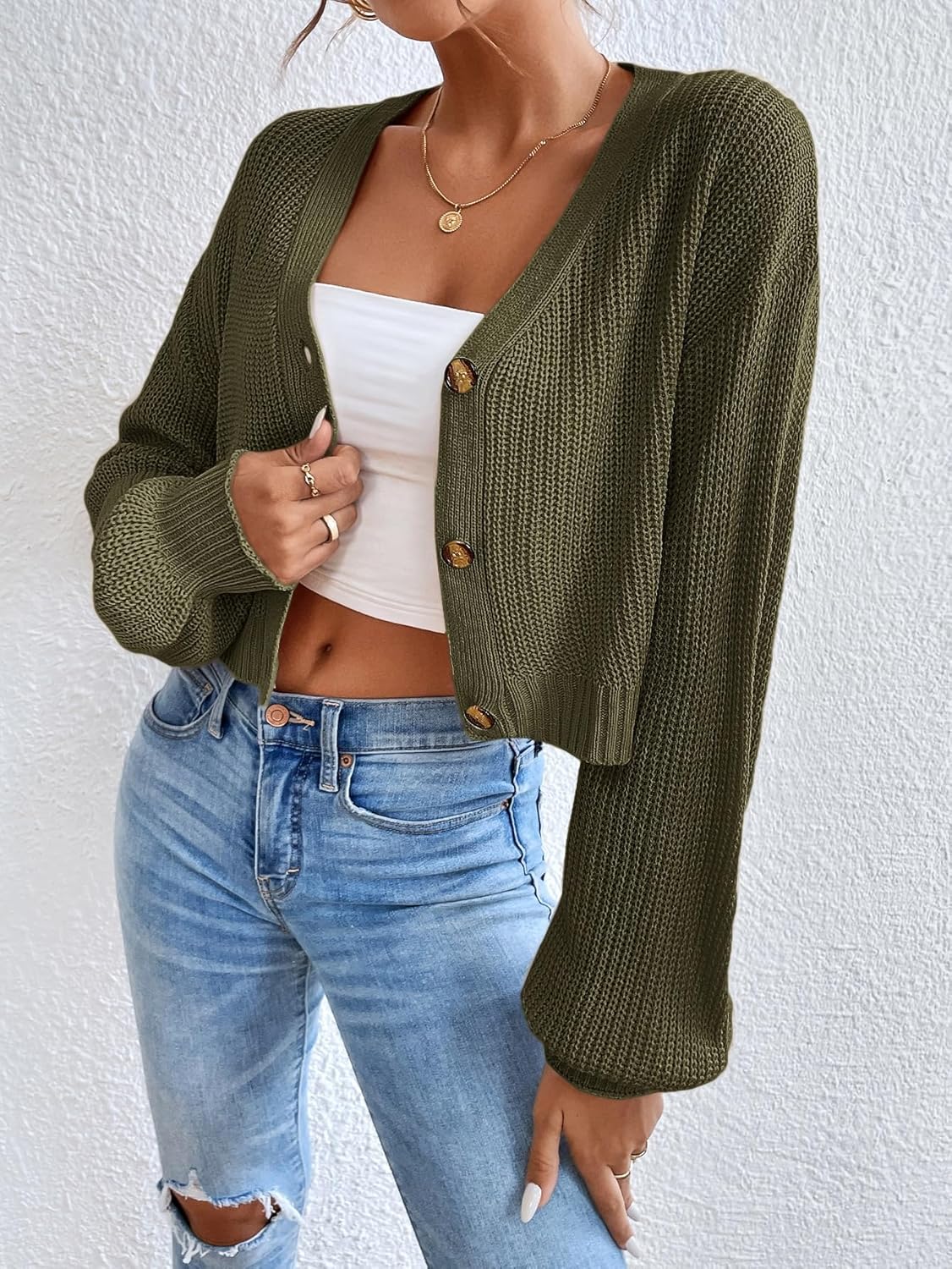 Floerns Women's Solid Long Sleeve Button Down V Neck Cardigan Crop Top Sweater - Image 5