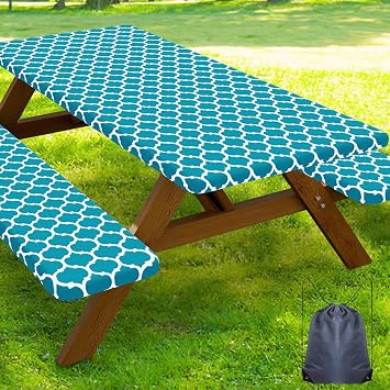 Smiry Picnic Table Cover with Bench Covers, Waterproof Elastic Fitted Tablecloth for 6 Foot Tables, Washable Polyester Tablecloths for Camping, Indoor & Outdoor Aqua, 30x72 Inch 3-pc Set
