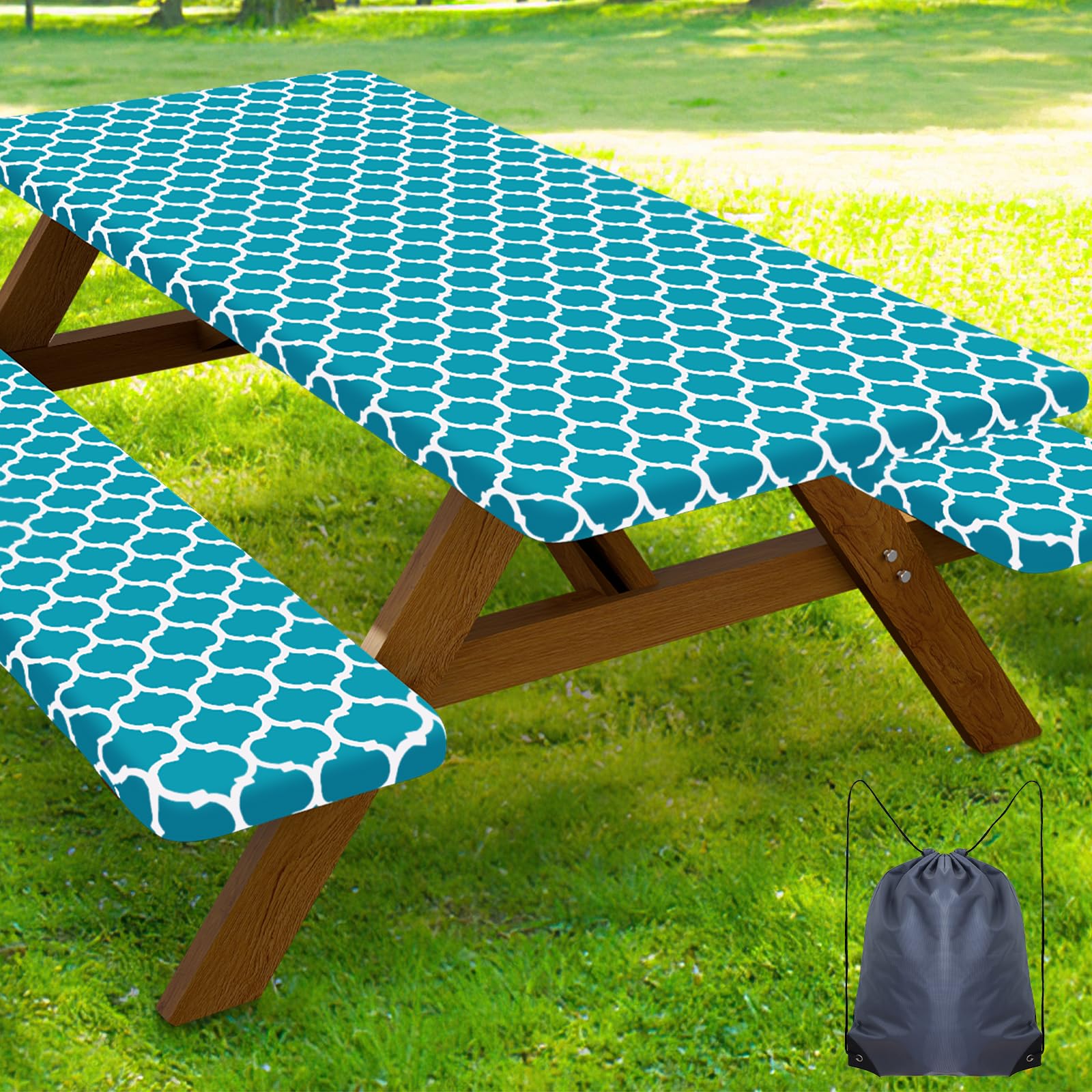 Smiry Picnic Table Cover with Bench Covers, Waterproof Elastic Fitted Tablecloth for 8 Foot Tables, Washable Polyester Tablecloths for Camping, Indoor &amp; Outdoor (Aqua, 30x96 Inch 3-pc Set)