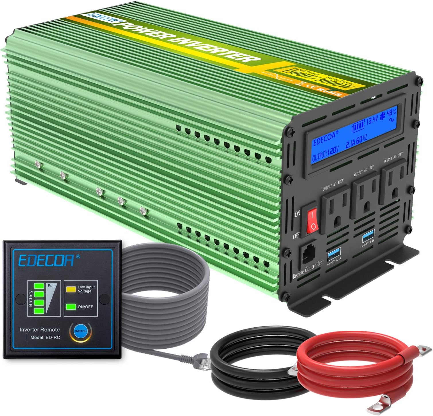 EDECOA 1500W Pure Sine Wave Power Inverter DC 12V to 120V 110V AC Converter with Remote Controller (1500 Watts 12V)