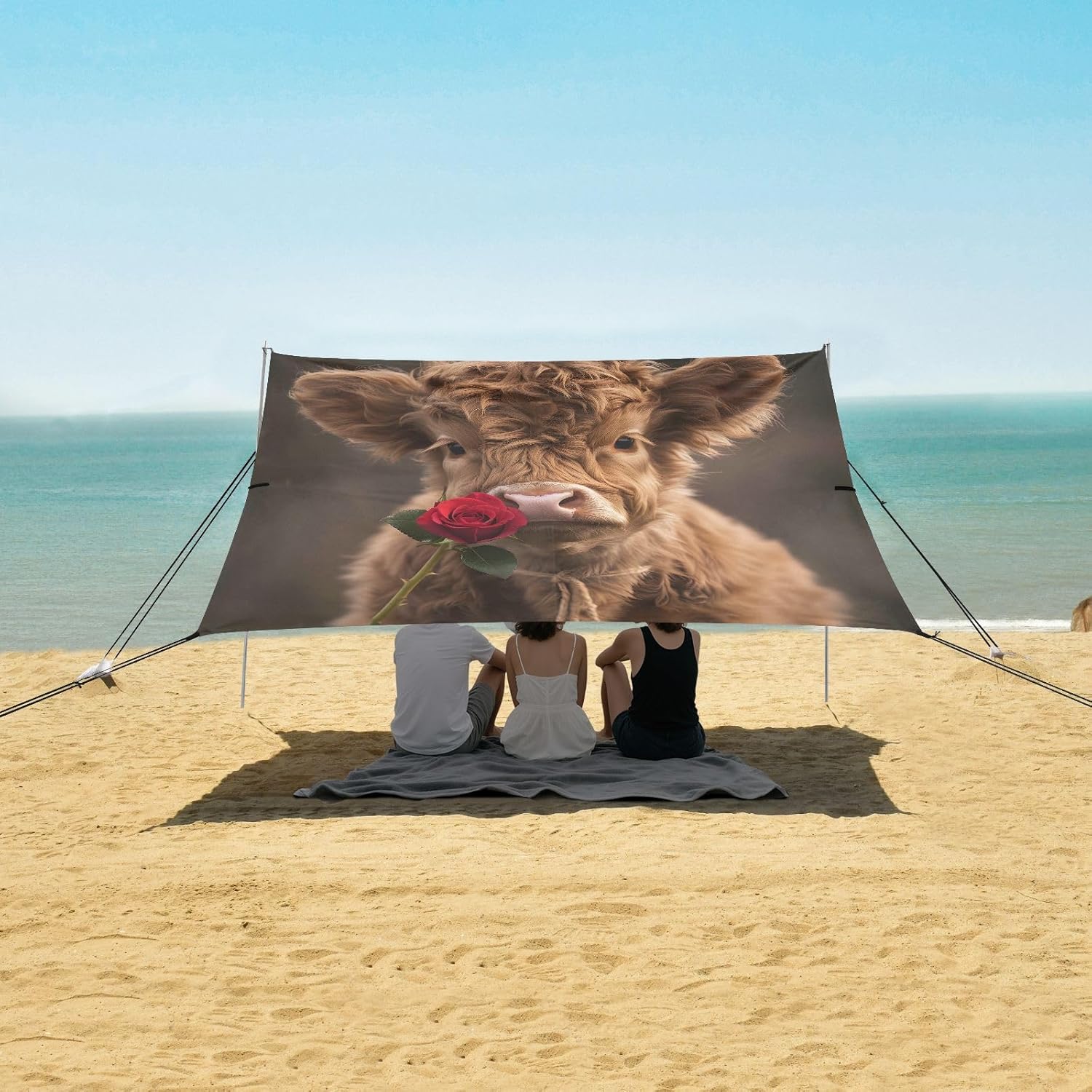 ALAZA Cute Calf Bull Beach Tent Sun Shelter UPF50+ Protection Beach Shade Canopy w/ 4 Sandbags for Outdoor Camping, Fishing, Backyard Fun, Picnic, 10x9 ft