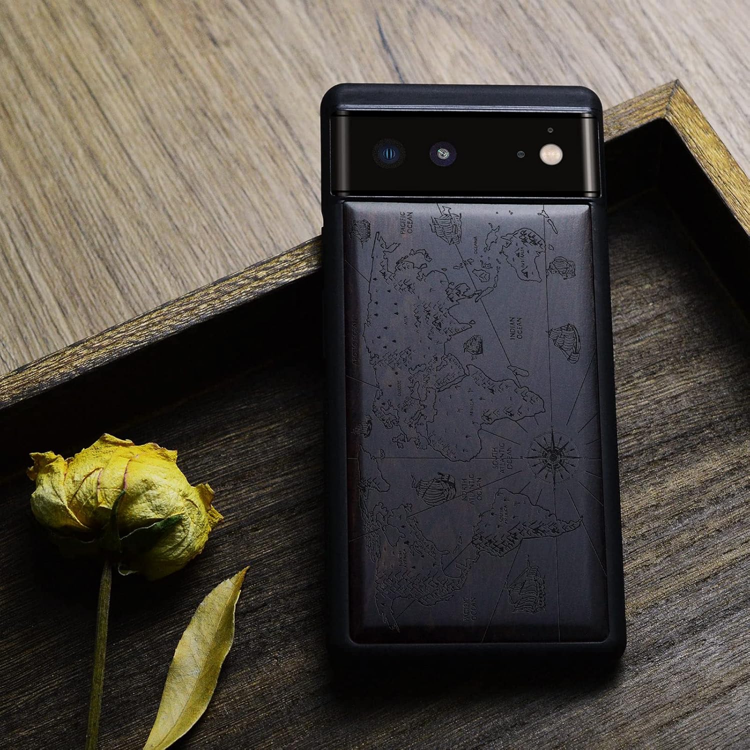 Carveit Wood Case for Pixel 6 Case [Natural Wood & Black Soft TPU] Shockproof Protective Unique & Classy Wooden Cover Compatible with Google Pixel 6 (World Map-Blackwood)