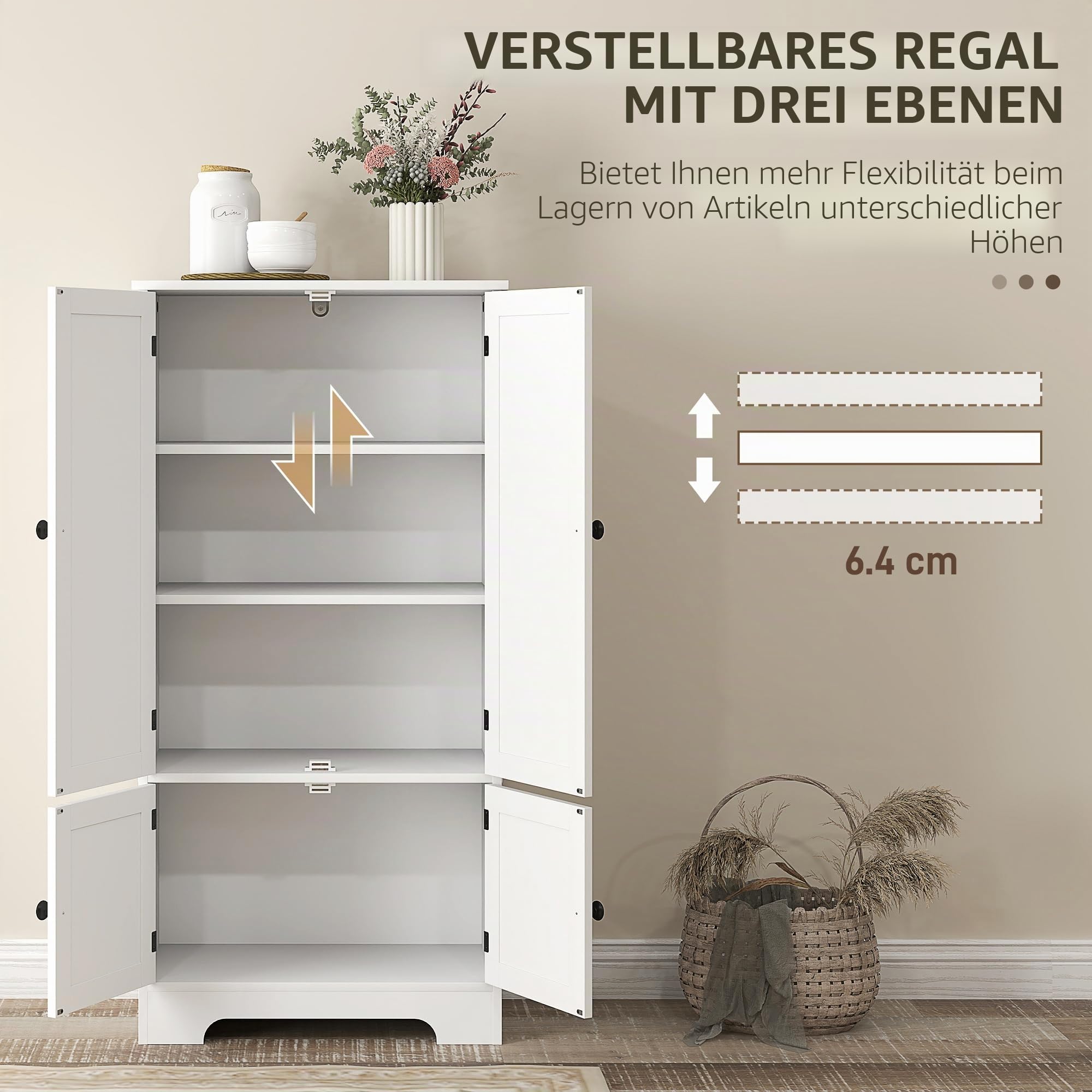 HOMCOM Küchenschrank mit verstellbaren Regalen 58.2x30x123cm Weiß | Küchenbuffet, Aufbewahrungsschrank mit Schränken, für Ess- & Wohnzimmer