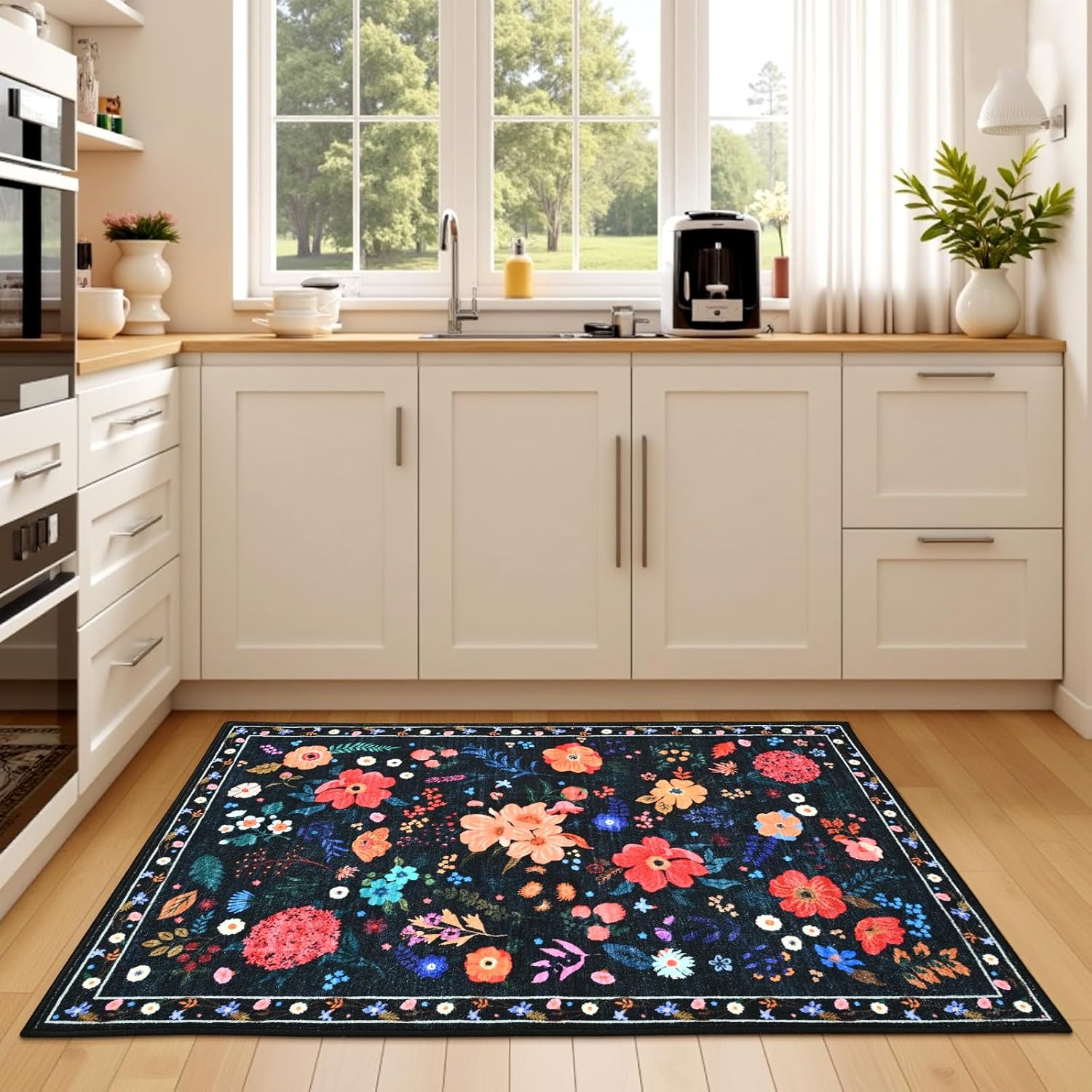 Terrug Floral Entryway Rug, 2x3 Black Rug Boho Washable Kitchen Throw Rugs, Soft Low Pile Cute Small Rugs, Non-Slip Stain Resistant Vintage Carpet for Entryway Bedroom Kitchen Bathroom Laundry