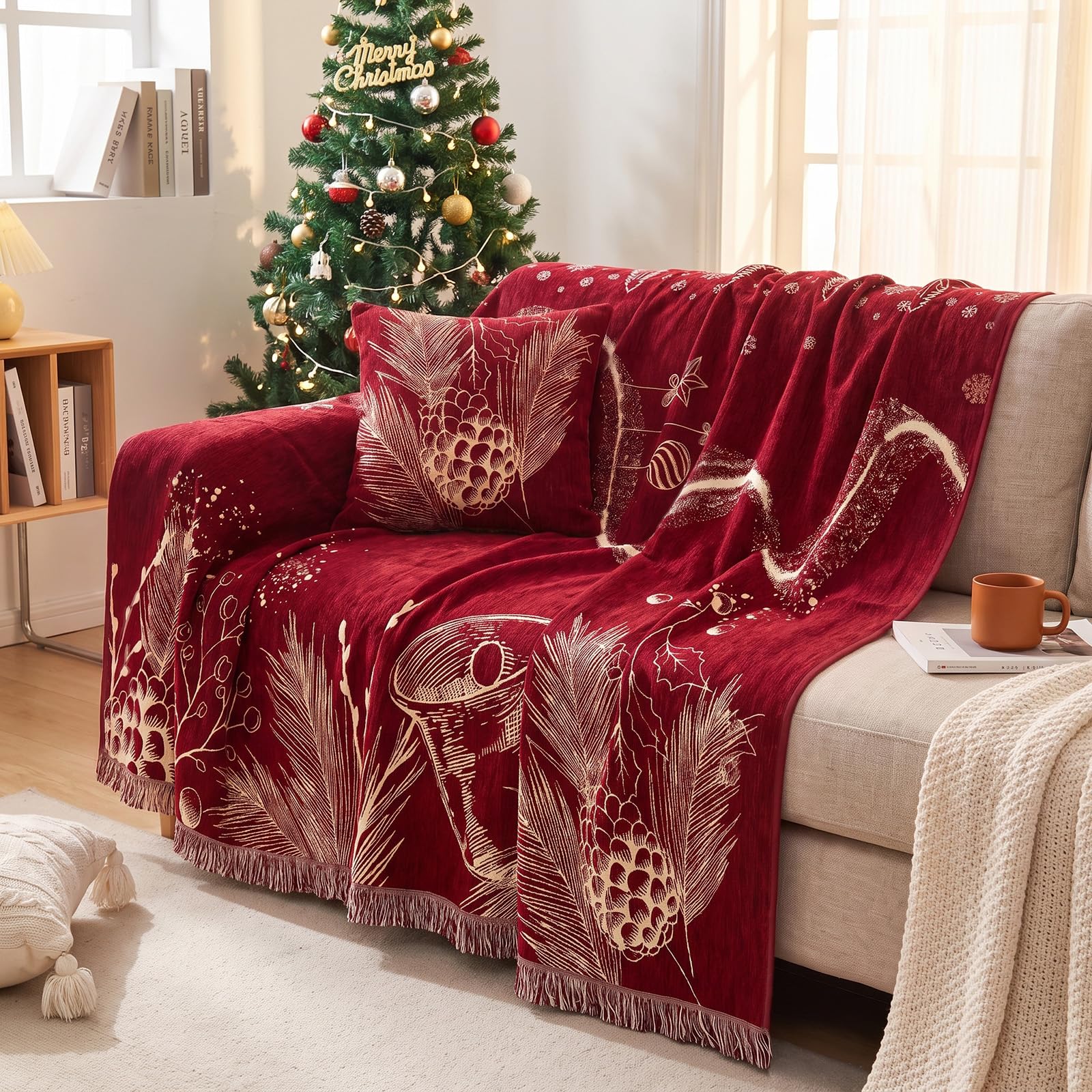 LiveGo Luxury Christmas Plush Couch Cover 2-4 Seater, Non-Slip Rubber Backing, Thick Warm Protector for Kids & Pets, Machine Washable Soft Settee Cover, Festive Winter Home Gift, — image 1