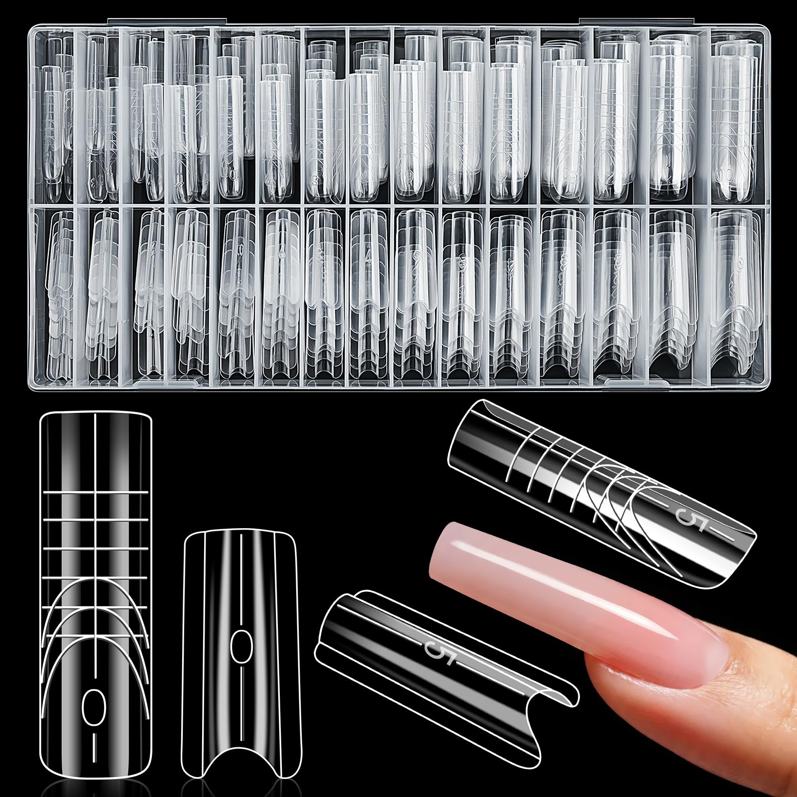 MELLIEX 240 szt. Dual Form Sandwich, 15 rozmiarów żelowe formy do paznokci wielokrotnego użytku formy do przedłużania paznokci extra długie do salonu manicure DIY (kwadrat)