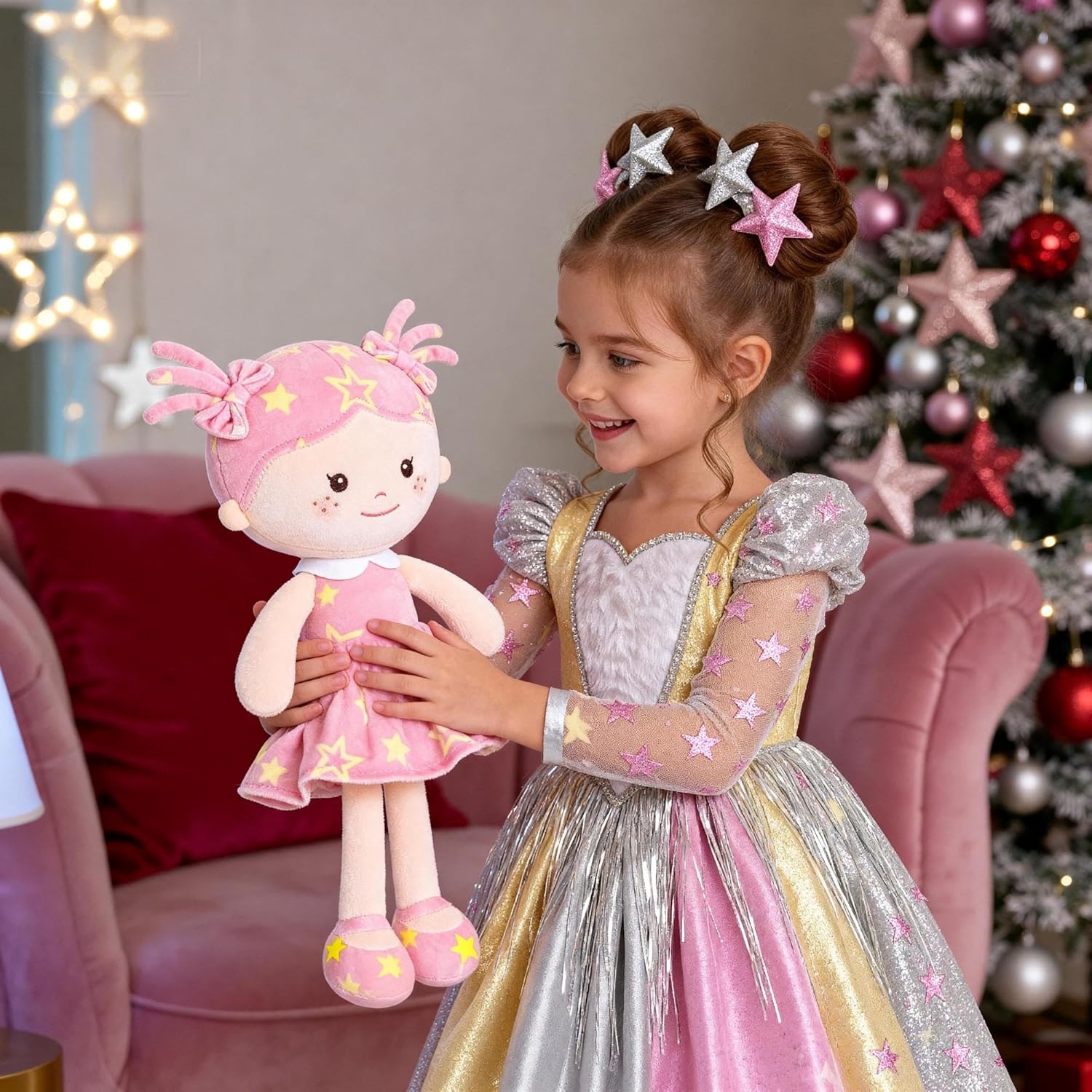 Onetoo First Baby Doll Plush Baby Girls Dolls Rag Doll Soft Baby Doll for Girls Sleeping Cuddle Buddy Doll Wear Star Pink Sleeveless Dress 14" - Image 2