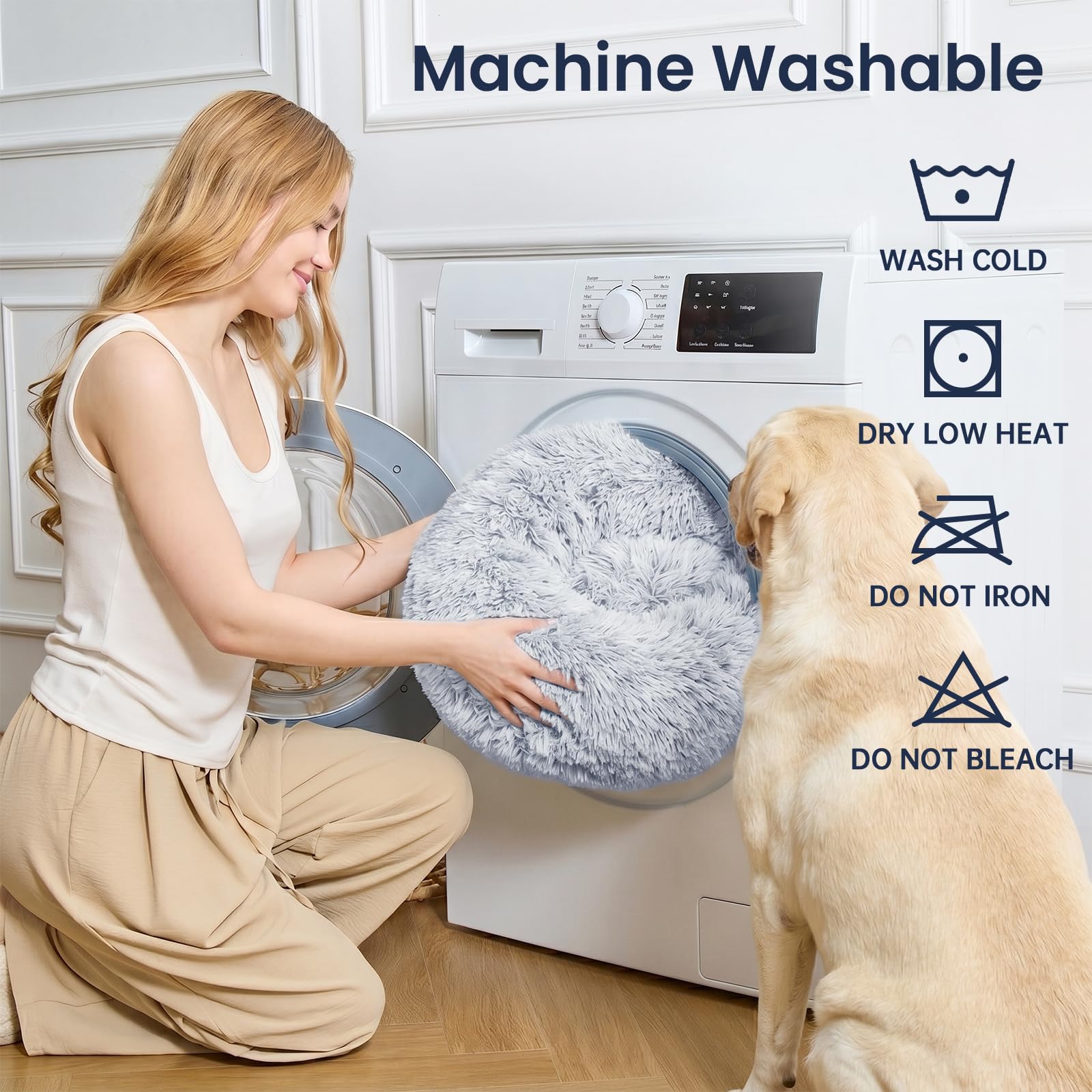 JOLLYVOGUE Camas calmantes para perros de tamaño extragrande, cama grande lavable con donas de 45 pulgadas, antideslizante y antiansiedad, cama redonda de piel sintética esponjosa, se adapta a