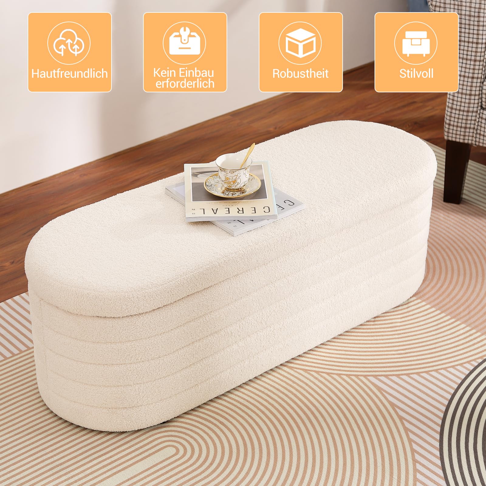 Teddy Sitzbank mit Stauraum, Polsterbank 117 x 41,5 x 40 cm | Mit Scharnierdeckel, 300 kg Belastbarkeit – als Bettbank, Sitzmöbel oder Sitztruhe für Wohnzimmer, Schlafzimmer und Flur.
