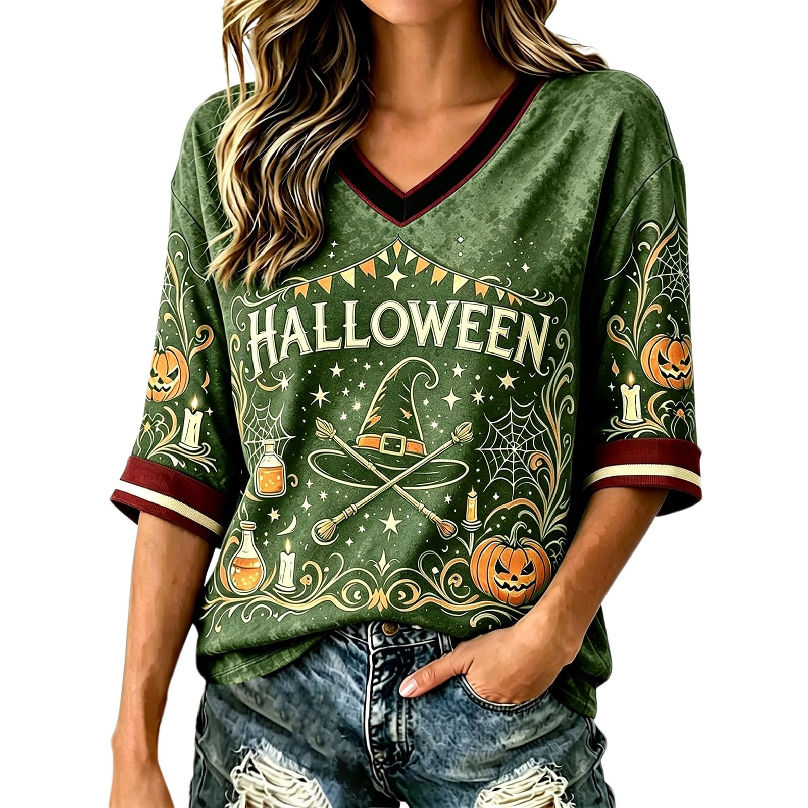 Salem Broom Co Halloween Shirts Women 3/4 Sleeve Vintage Witch Tops Funny Halloween Costumes Casual V Neck Witch Tee Shirts Novelty Fashion Festival Party Clothes (Z02-Green, S)