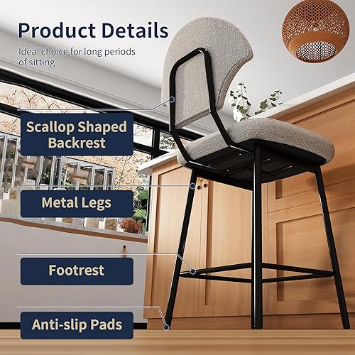 Miniatura 5 de Juego de 4 taburetes de bar en forma de concha, taburetes de bar de altura de mostrador con respaldo, sillas de isla con patas de metal y