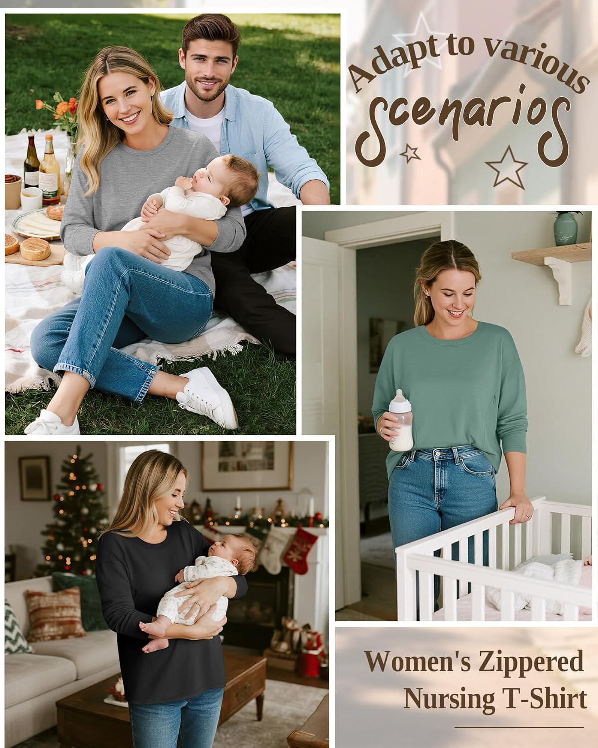 3 Pack Women's Nursing Breastfeeding Tops Long Sleeve Maternity Shirts Oversize Hidden Zipper Pregnancy Clothes