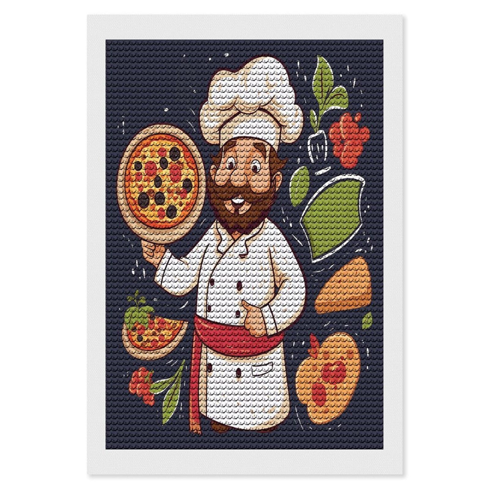 FodPand Chef Pizza Diamond Art Kits for Adults Diamond Painting Kits for Beginner 5D DIY Full Round Drill Diamond Dot Painting Gem Art Crafts for Home Wall Decor