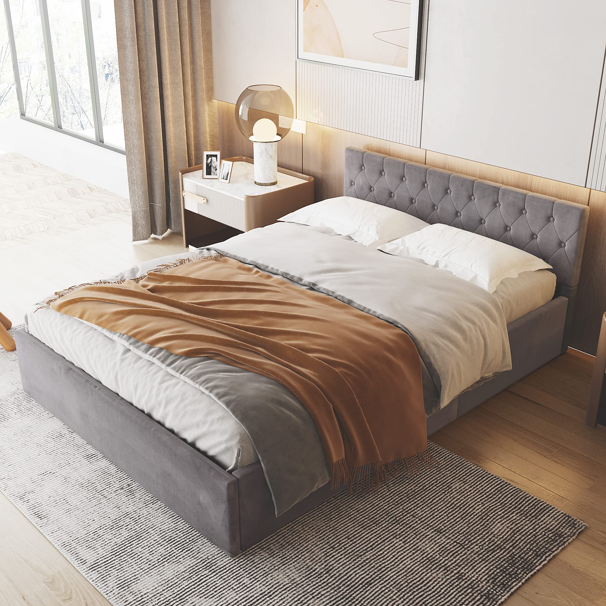 Cama con canapé de tela de terciopelo y somier de láminas, doble almacenamiento, base de madera, 140 x 200 cm (gris)