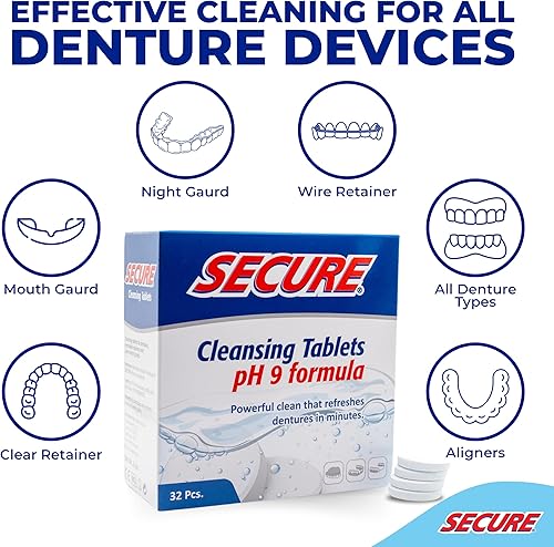 Miniatura 5 de Secure Tabletas de limpieza diaria, fórmula de pH 9, limpia a fondo las dentaduras postizas, combate olores, manchas y gérmenes, para dentaduras,