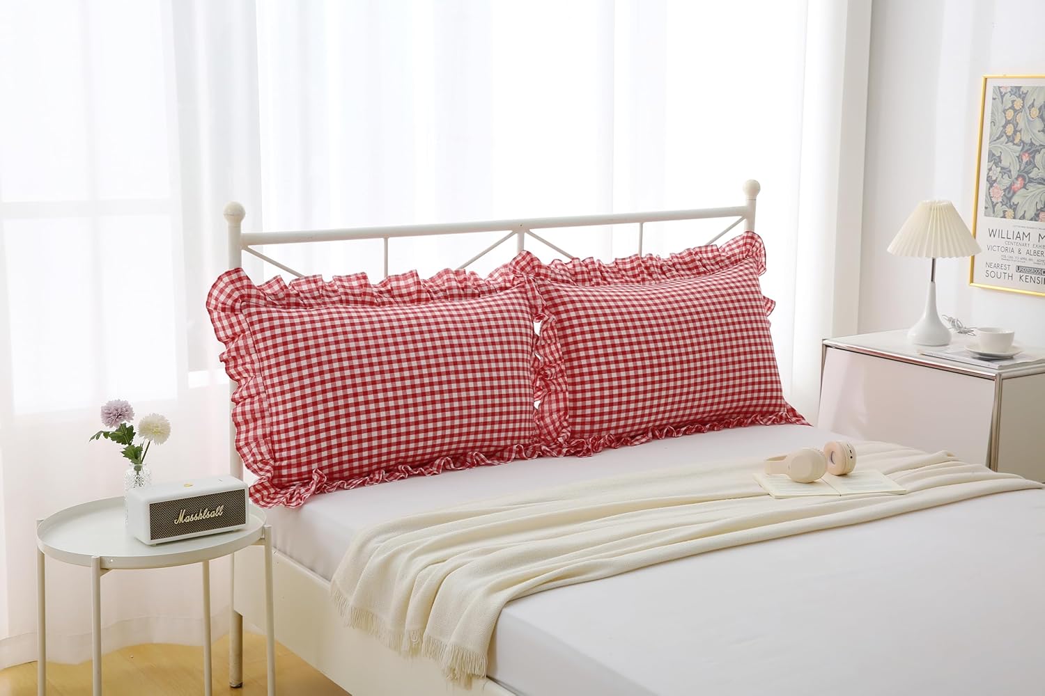 Red White Plaid Ruffles Pillow Shams Checkered Pillowcases Gingham Queen Size Pillow Cases Washed Cotton Farmhouse Cottage Pillow Covers for Bed/Sofa(20X30inches,Red/White Plaid),2 Pack
